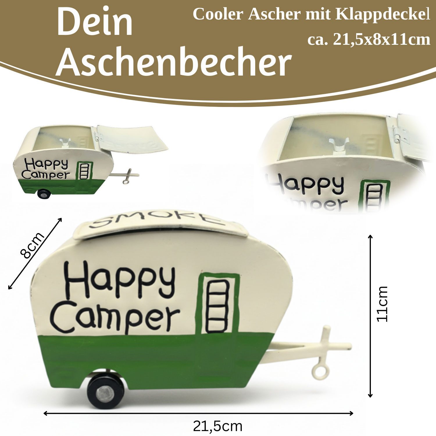 LS-LebenStil Aschenbecher XL Sturmaschenbecher Metall Wohnwagen 21x11cm Windaschenbecher Ascher, mit Deckel Klappdeckel Vintage Camper Camping Ashtray Garten Balkon