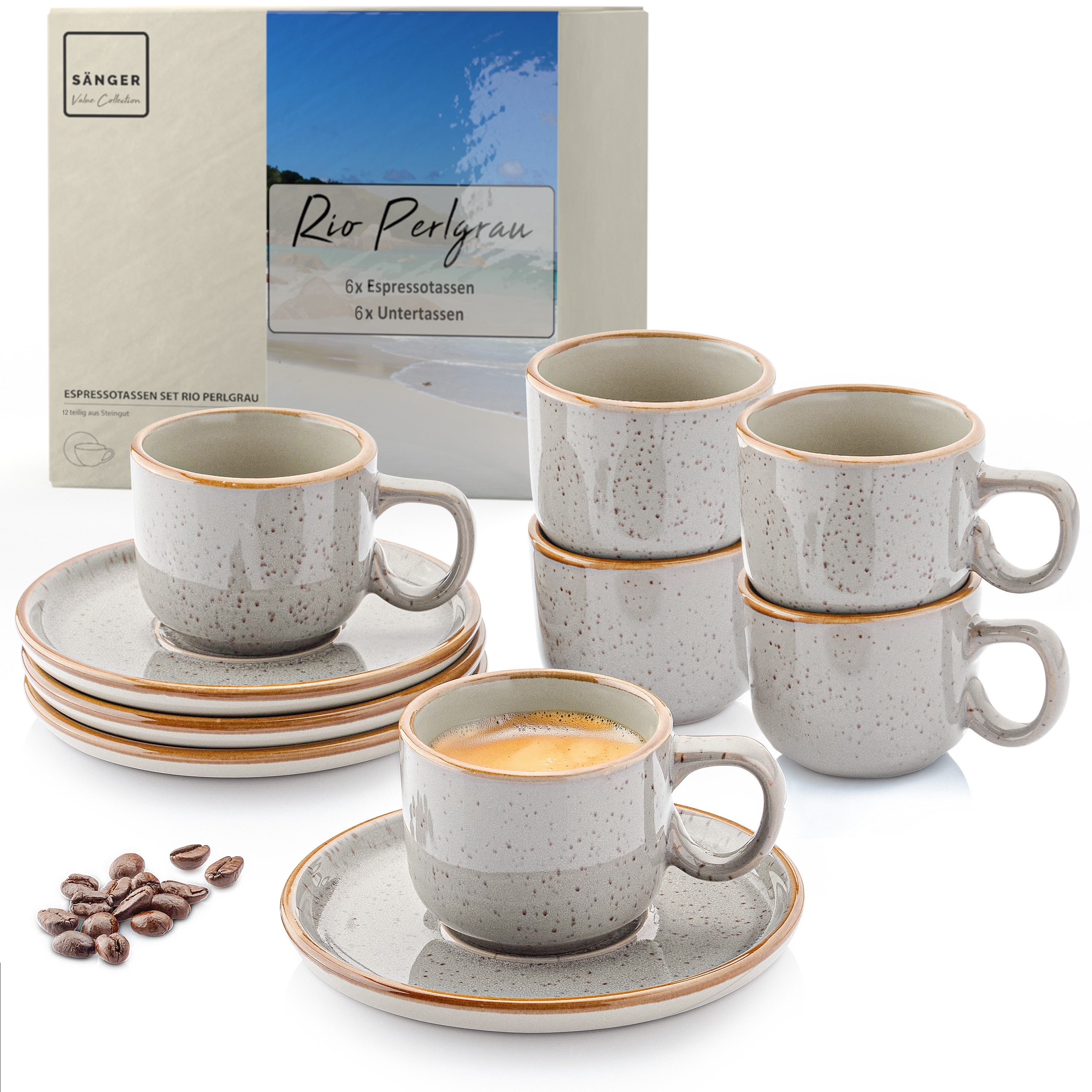 SÄNGER Espressotasse Set 12 tlg. Rio, Steingut, Rio, Perlgrau, 80 ml, VALUE COLLECTION