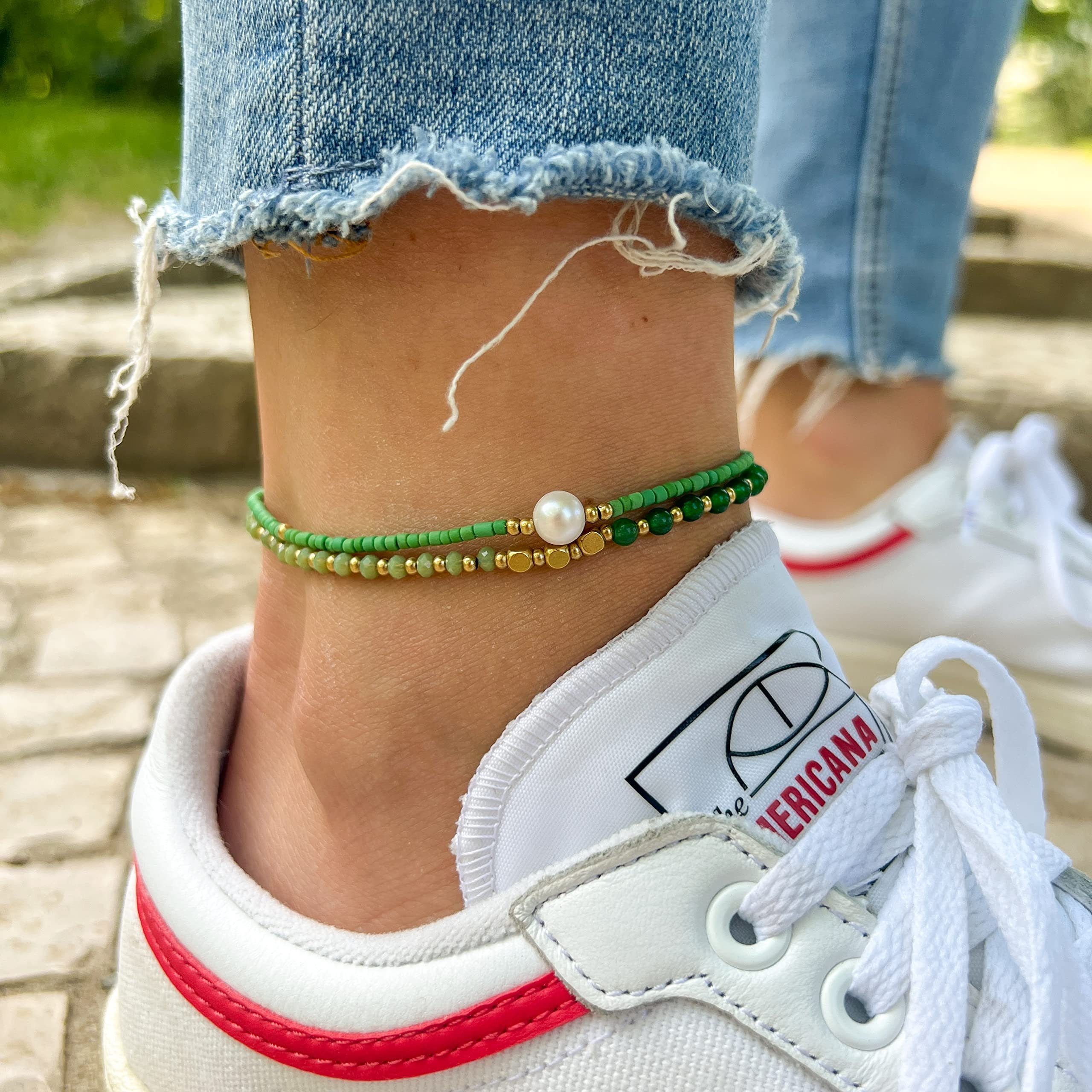 Made by Nami Festival Fußkette, Grüne Fußkettchen Boho Perlen Schmuck Hippie mit Fußkette Surfer & Fußkettchen Mädchen Damen Perle