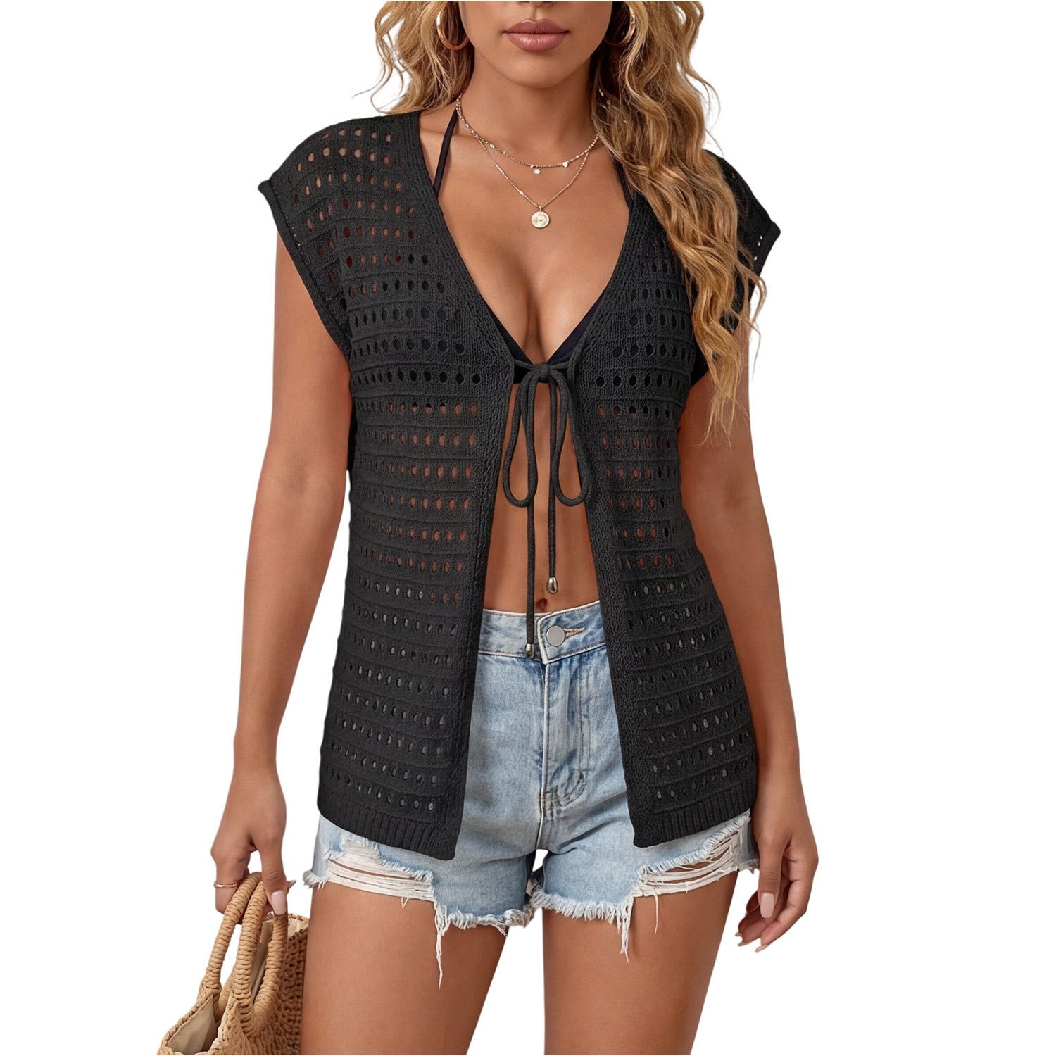 Refttenw Strickjacke Damen Sommer Strickjacke,V-Ausschnitt Cardigan,Ausgehöhlt,Schnürdesign