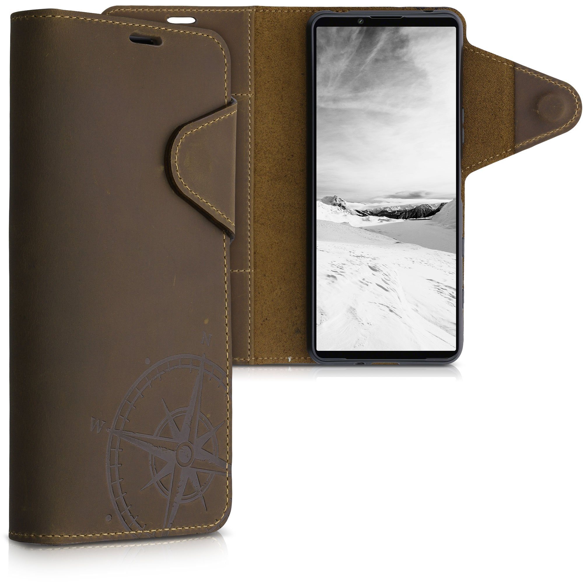 kalibri Handyhülle, Hülle für Sony Xperia 5 III - Leder Schutzhülle - Handy  Wallet Case Cover - Kompass Vintage Design