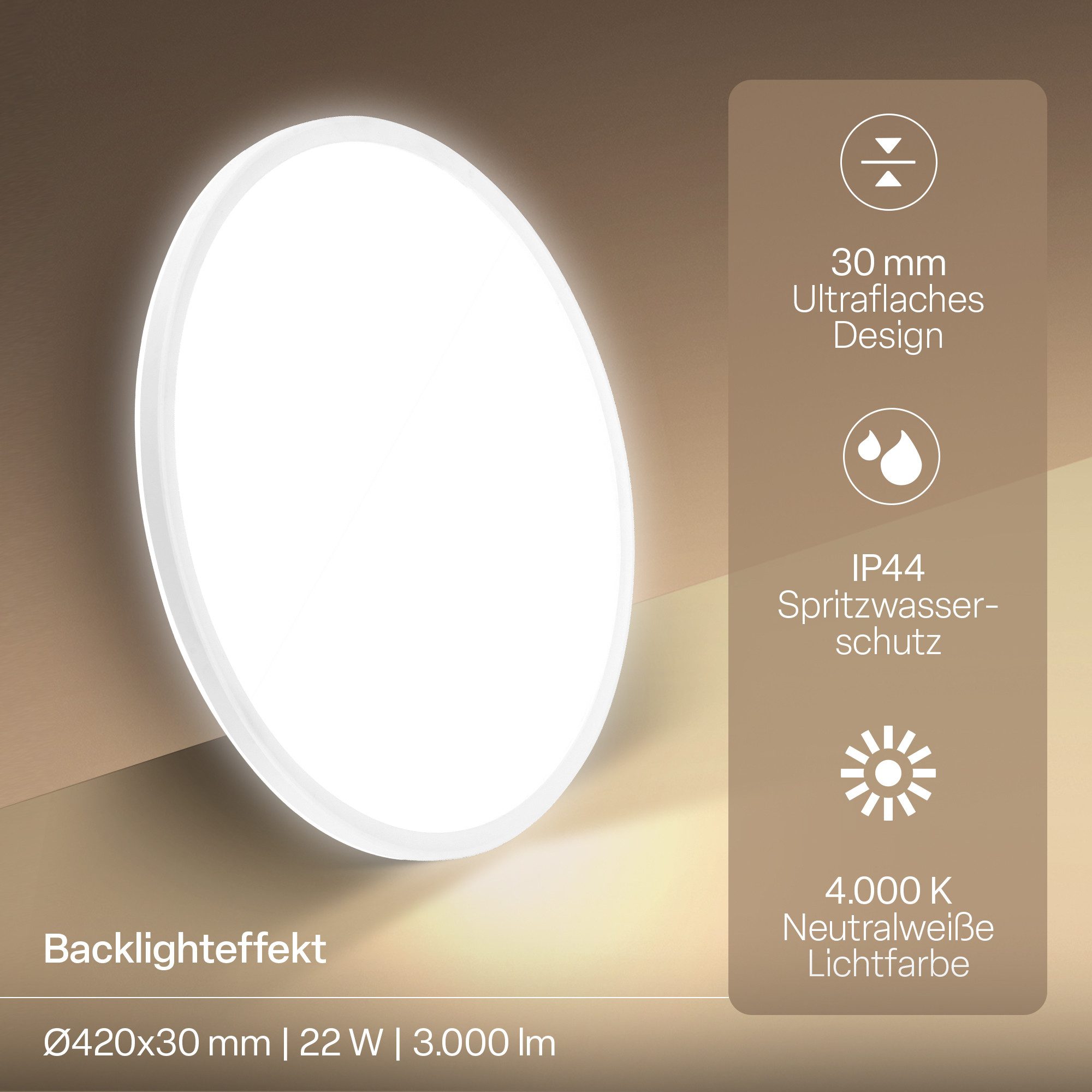 B.K.Licht LED Deckenleuchte Panel Flach 30mm Backlight Effekt LED Deckenlampe Wohnzimmer, LED fest integriert, 4000K - Neutralweiß, versch. Größen & Farben, Badezimmer, Küche, Wohnzimmer, Kinderzimmer