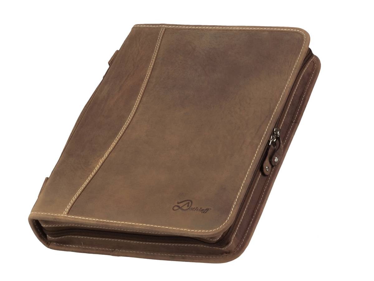 Dethloff Schreibmappe "Hunter" Leder A4 Konferenzmappe 28x36x5cm, Tagungsmappe, Ringbuchmappe, Reißverschluss, Griff, antikbraun