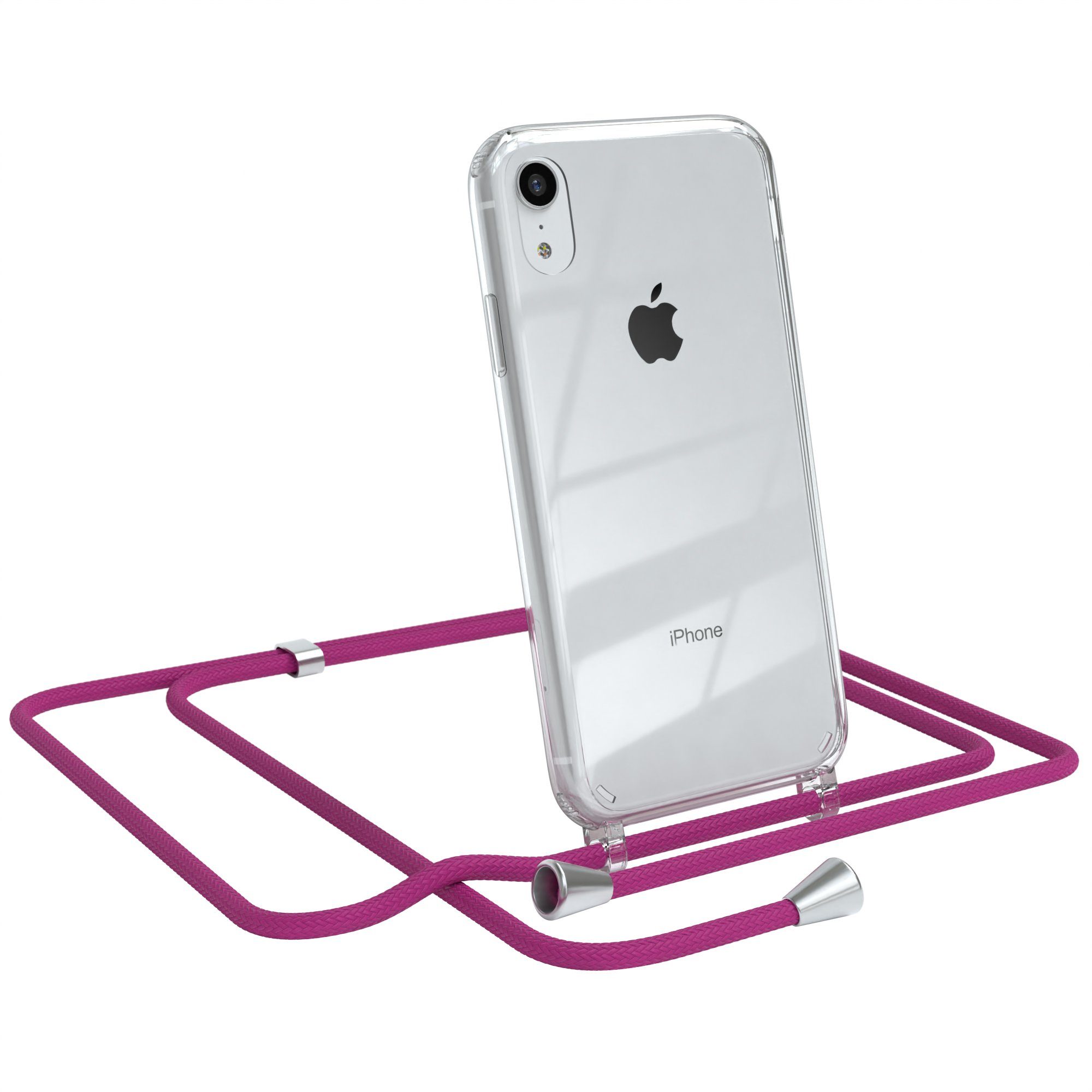 EAZY CASE Handykette Hülle mit Kette für Apple iPhone XR 6,1 Zoll, Handykordel Slimcover mit Umhängeband zum Umhängen Pink / Clip Silber