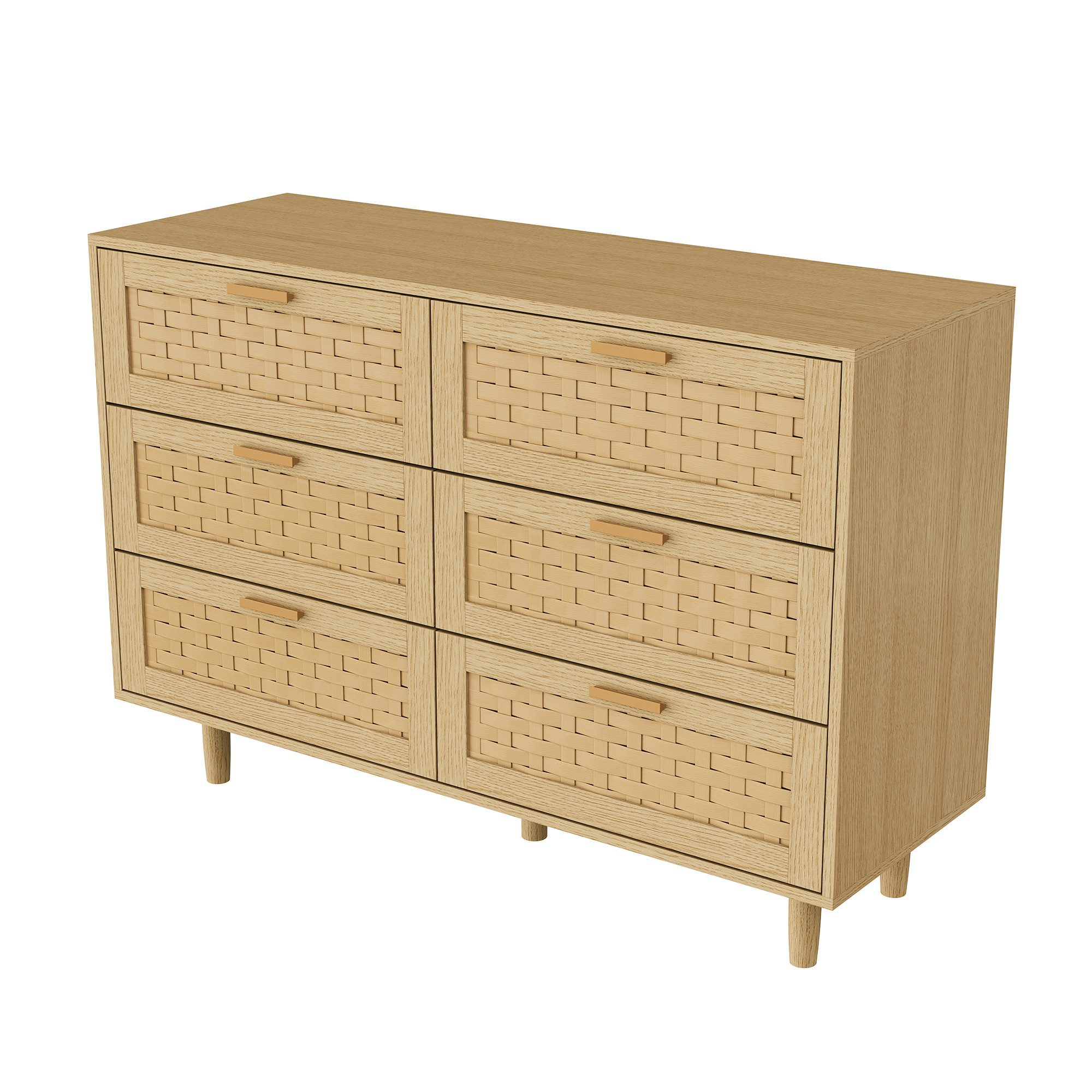 Simurq Kommode mit 6 Schubladen, Stauraumschrank für Wohnzimmer, Esszimmer, Flur (Schubkastenkommode,Sideboard Rattan geflecht,Massivholzbeine), 115 x 40 x 80 cm