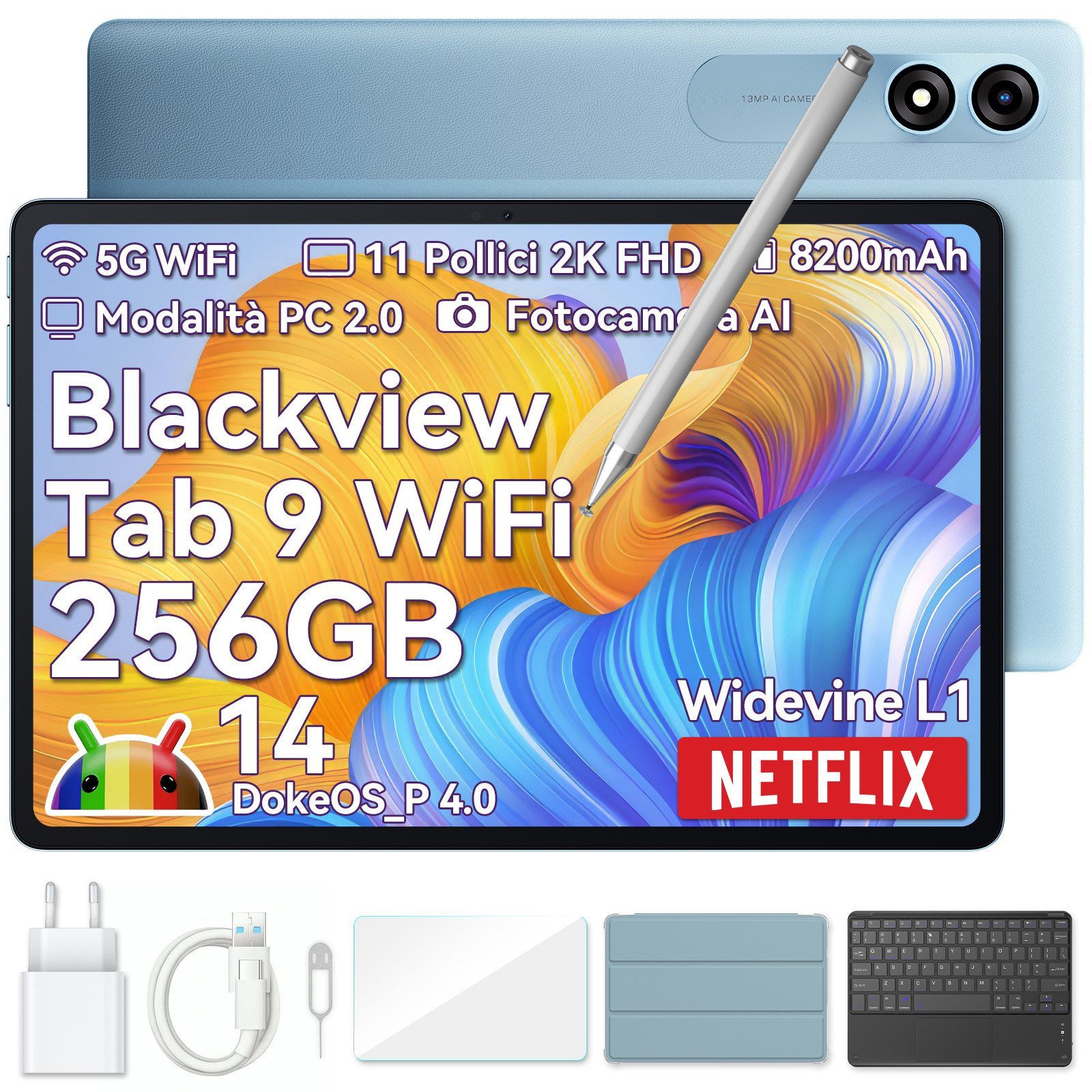 blackview Tab9Wifi FHD 2025 incl. incl. Stift/ Englische Tastatur/Ladegerät Tablet (11", 256 GB, Android 14, FHD, 8200 mAh, Face ID, Dual-Box, incl. Ladegerät)