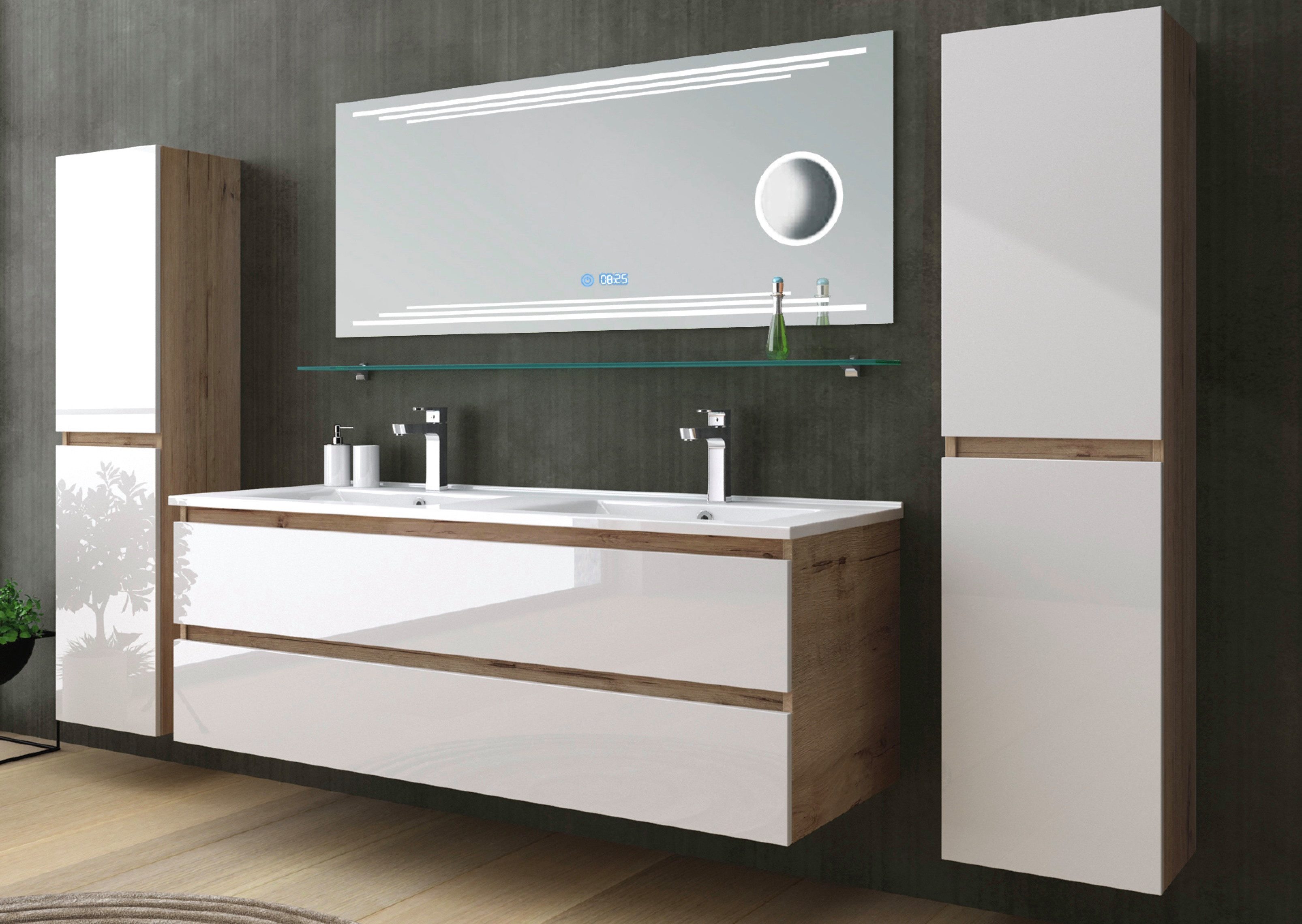 Homeline Doppelwaschtisch Doppelwaschtisch doppelwaschbecken Eiche / Weiß b günstig online kaufen