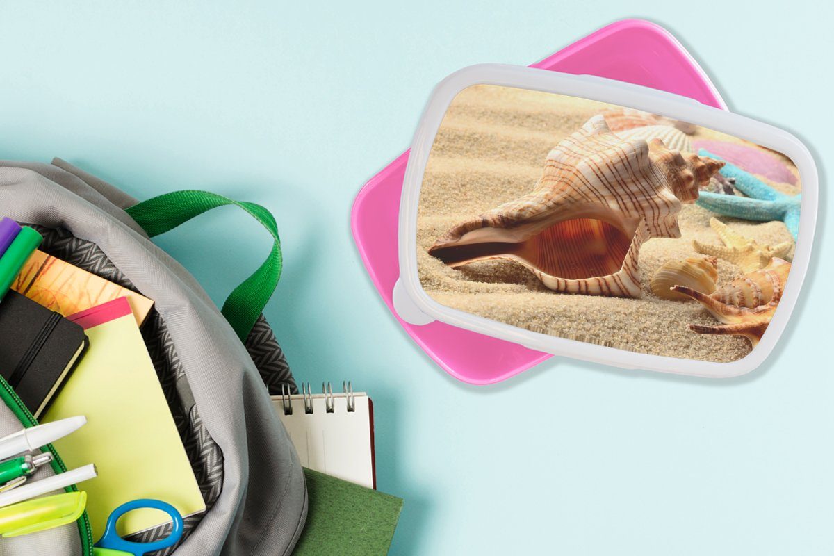 Seesterne Sand Kunststoff, Kinder, Lunchbox MuchoWow - Muscheln - Erwachsene, Kunststoff (2-tlg), - Strand, für Brotdose rosa Snackbox, Brotbox Mädchen,