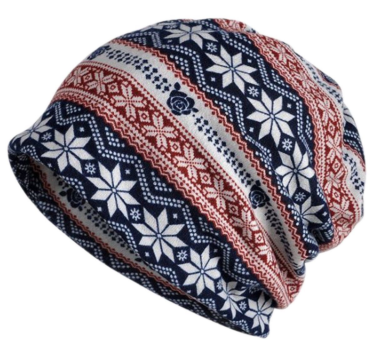 Beanie dy_mode Beanie Slouch Unisex und weich Mütze leicht Longbeanie Norwegermuster A200-Blau