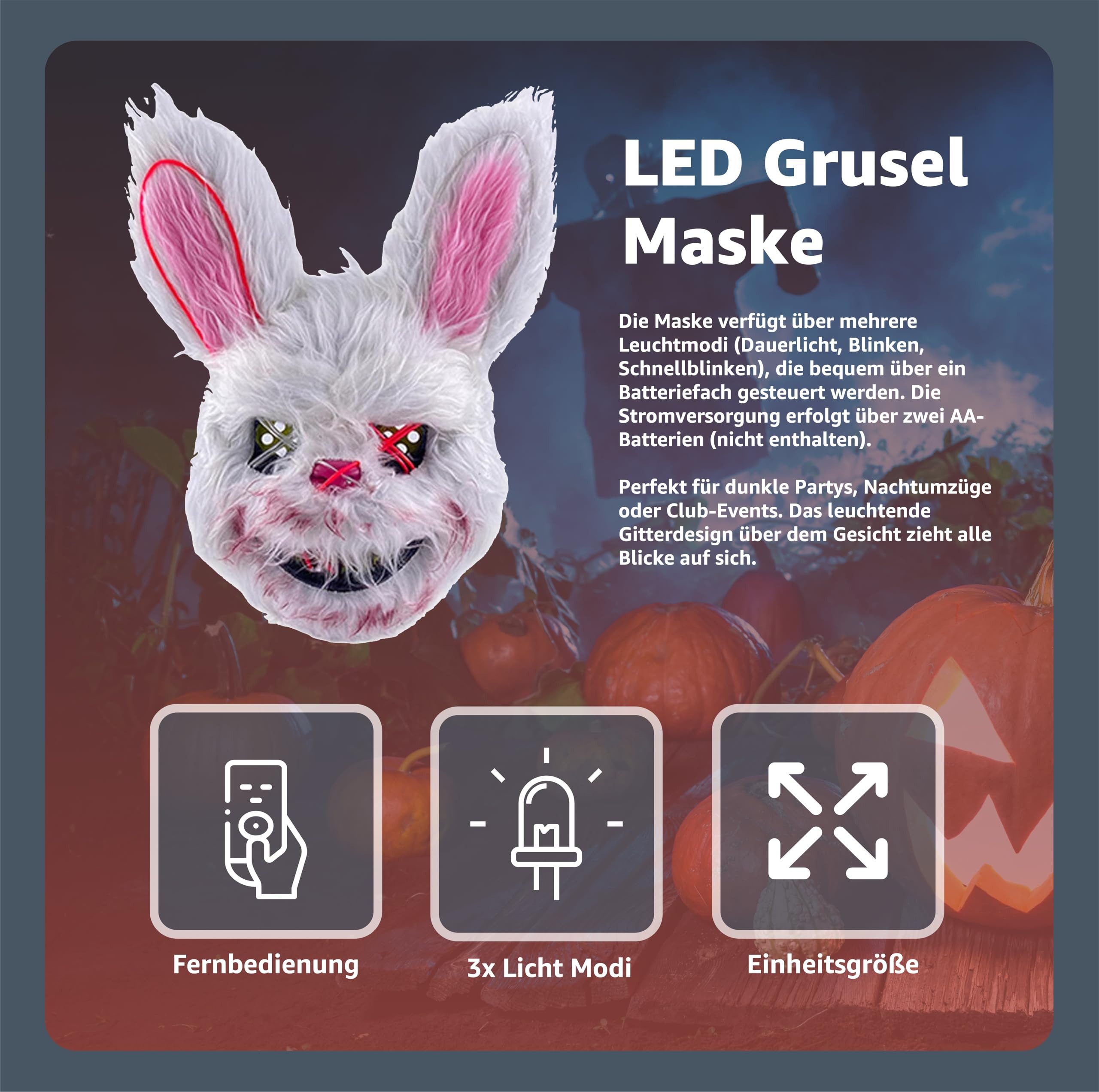 TK Gruppe Verkleidungsmaske LED Horror Maske inspiriert von Purge – mit 3 Leuchtmodi, (Packung), Steubar - drei Lichteffekten