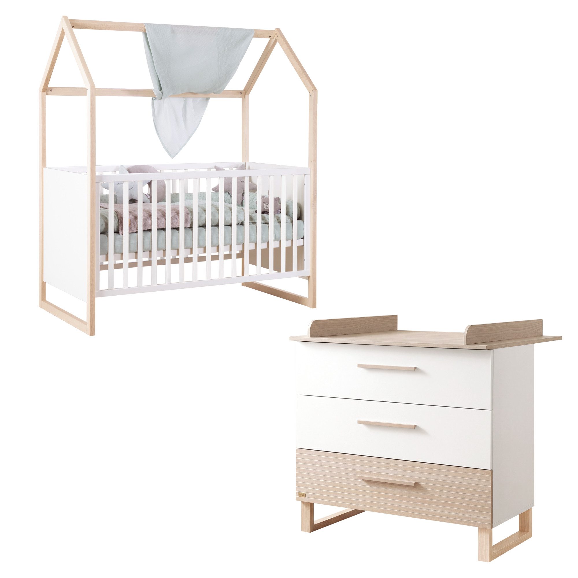 roba® Babymöbel-Set Noah - moderney Kinderzimmer Set mit eleganten Füßen - aus Holz, (2-teiliges Set, Babybett 70 x 140 cm Liegefläche, Wickelkommode), Füße und Griffe aus Massivholz - Scandi Design - Weiß / Walnuss