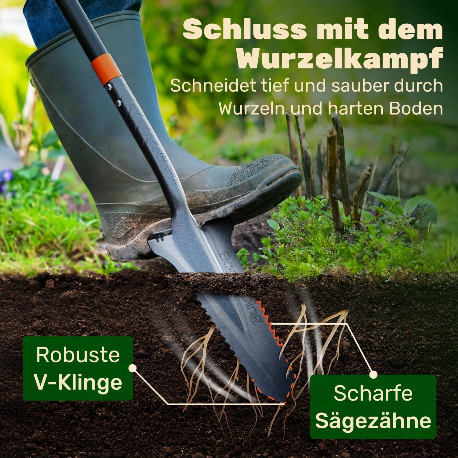 BoomDing Spaten Wurzelspaten Spaten mit Wurzelsäge, (mit Sägezähnen und stabiler V-Form), absolut effektiv