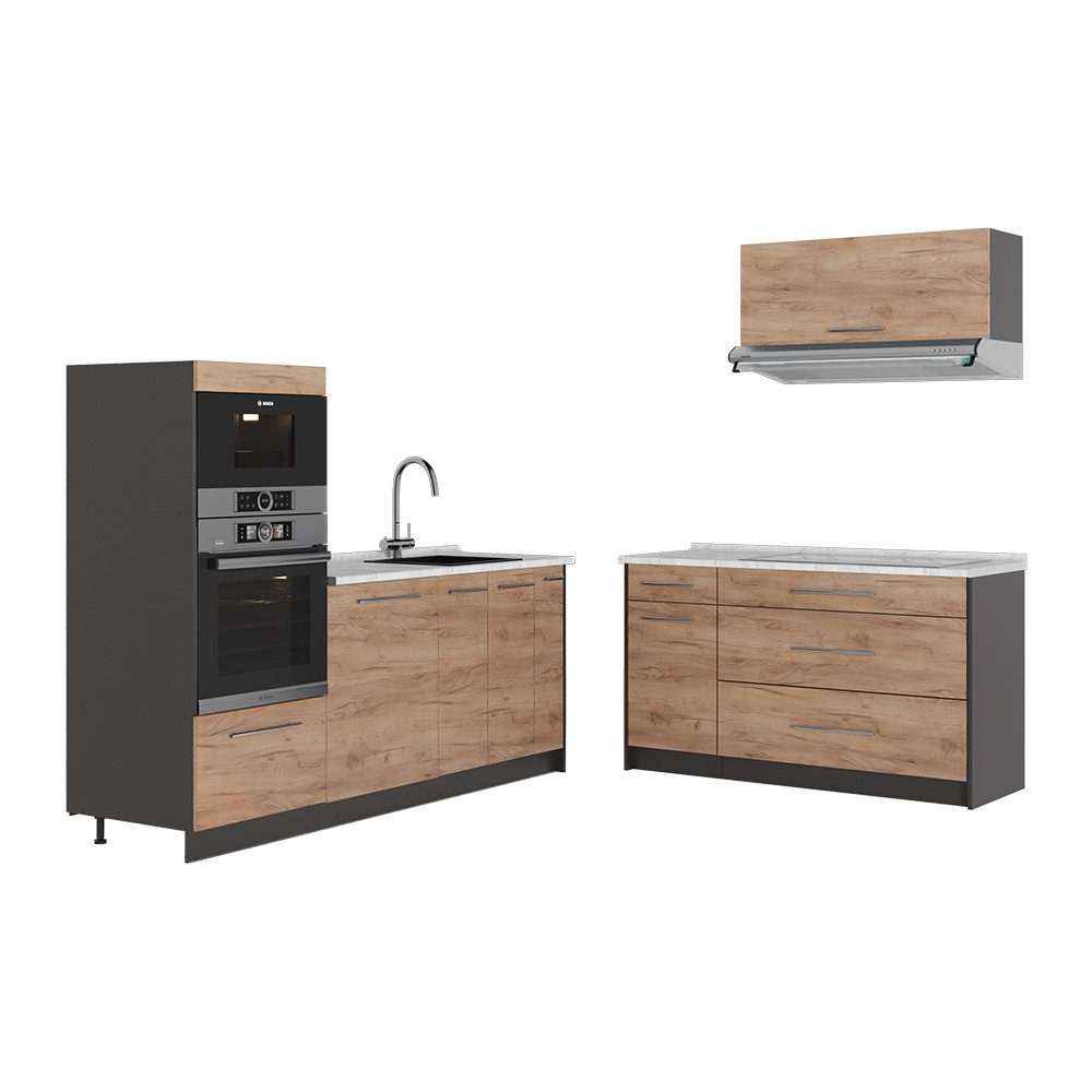 Vicco Küchenzeile Fame-Line, Goldkraft Eiche/Anthrazit, 340 cm, AP Marmor