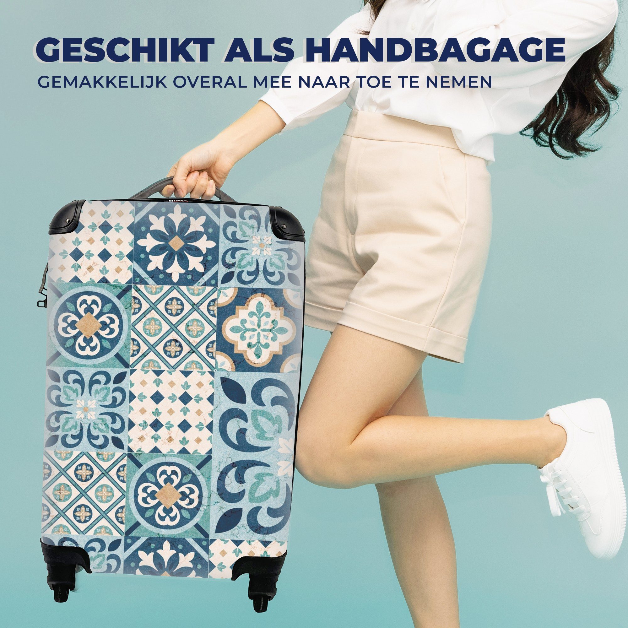 MuchoWow Handgepäckkoffer Design Reisetasche Ferien, - für - Handgepäck Trolley, Blumen - mit 4 Blau Rollen, rollen, Fliese, Reisekoffer