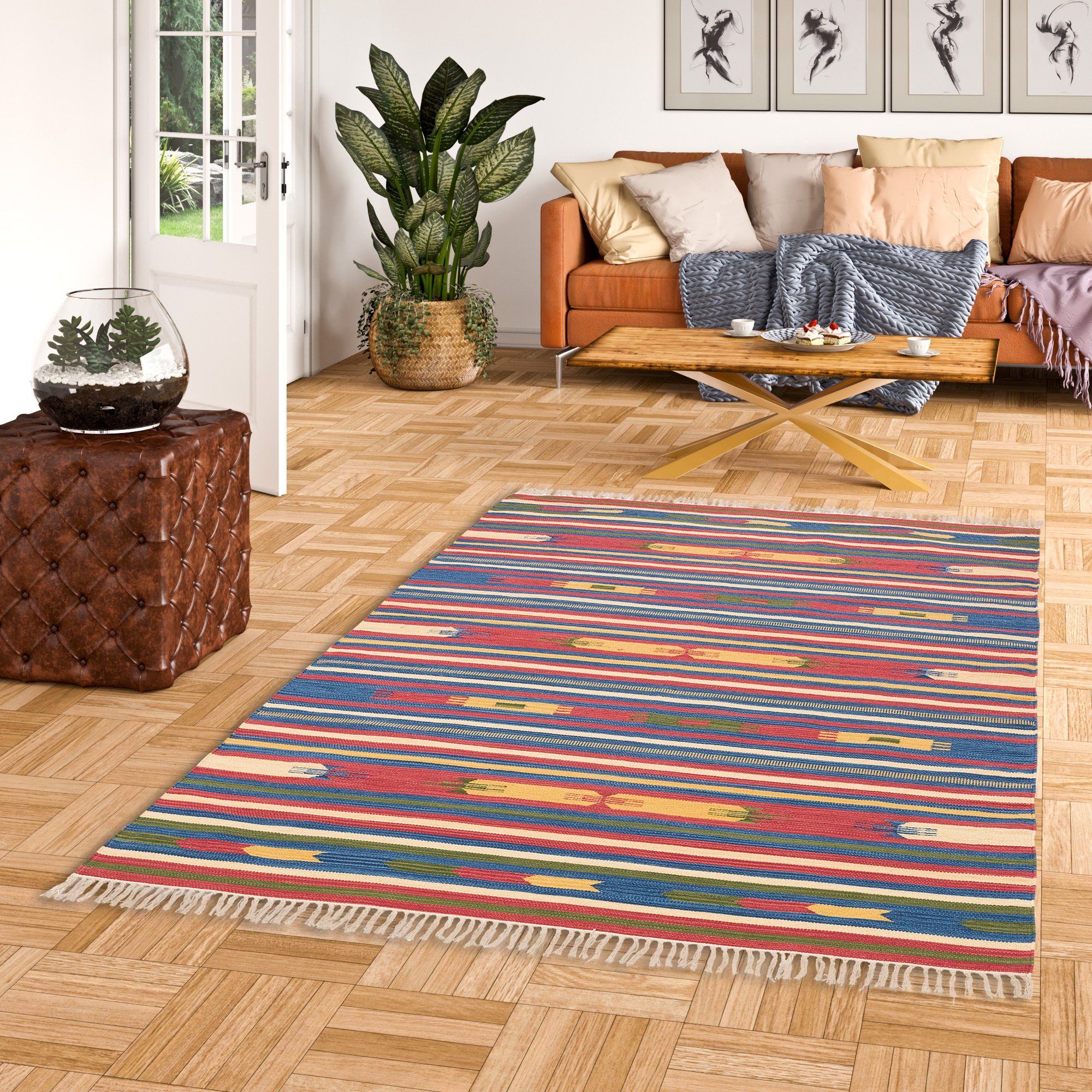 Wollteppich Baumwolle Natur Kelim Teppich Lina Stripes, Pergamon, Rechteckig, Höhe: 8 mm