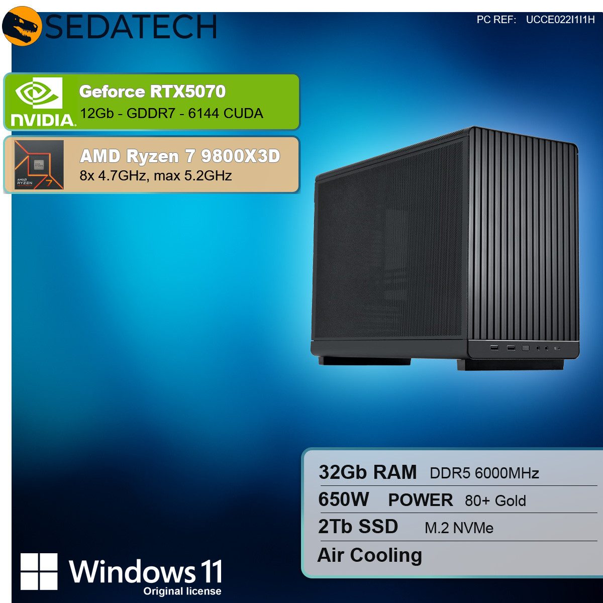 Sedatech UCCE022I1I1HF - Gaming Mini-PC (AMD Ryzen 7 9800X3D 8x 4.7GHz (max 5.2GHz), Geforce RTX5070 12GB, 32 GB RAM, 2000 GB SSD, WiFi 6E)
