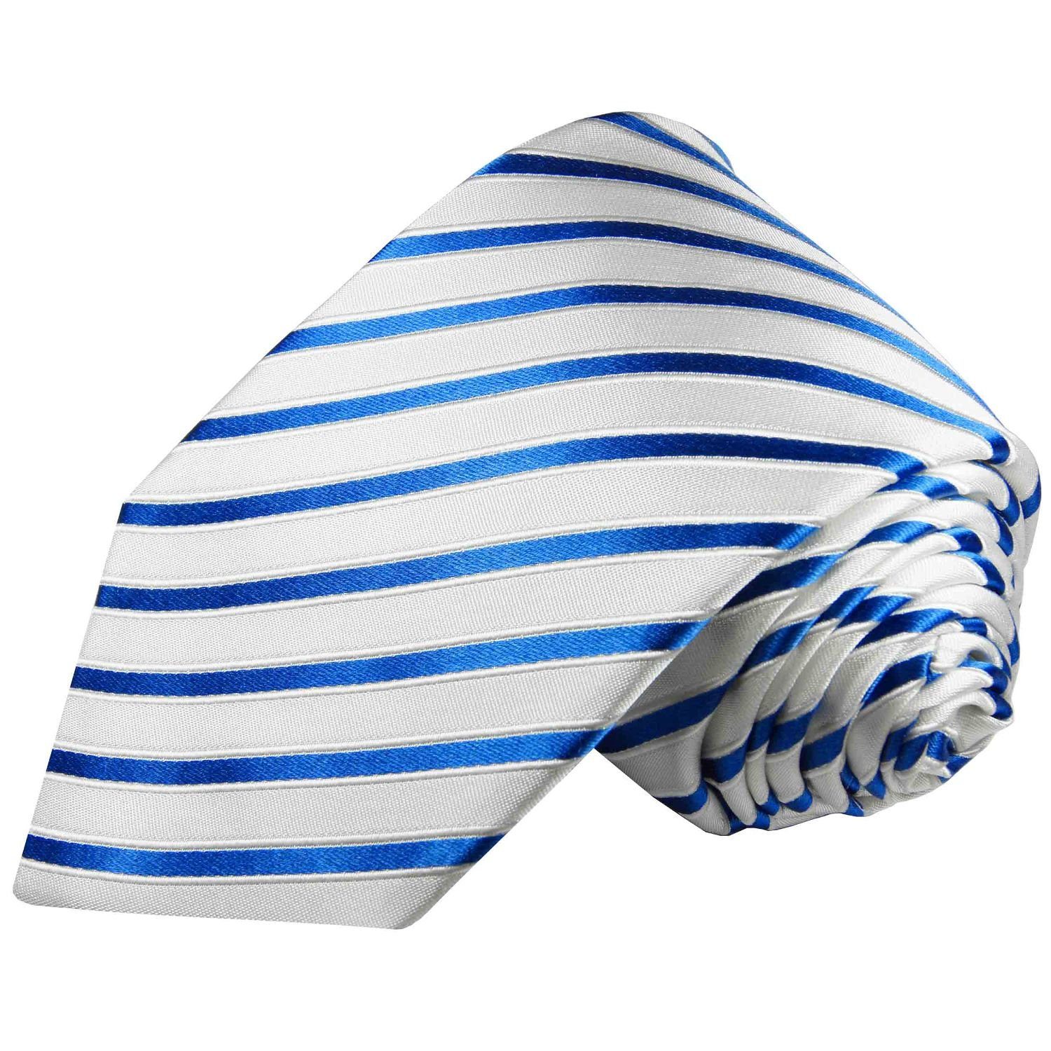 (8cm), mit 2-St., Malone Paul weiß Breit Seidenkrawatte Krawatte Herren mit Einstecktuch) 100% modern gestreift Krawatte Tuch blau (Set, Seide 2105