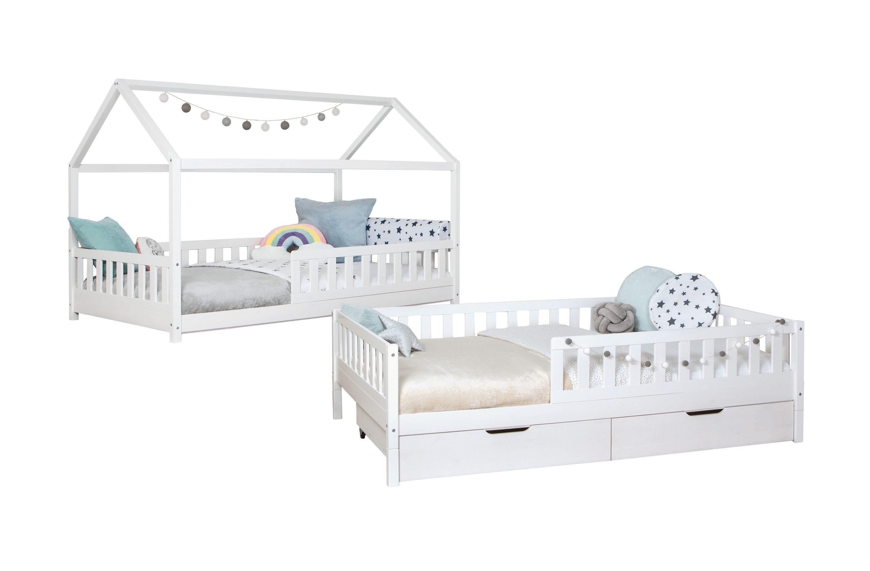 Ticaa Hausbett Duo mit Rausfallschutz und Schubkasten aus Kiefer, Bodenbett 120x200, inkl. abnehmbarem Dach, mit Rollrost