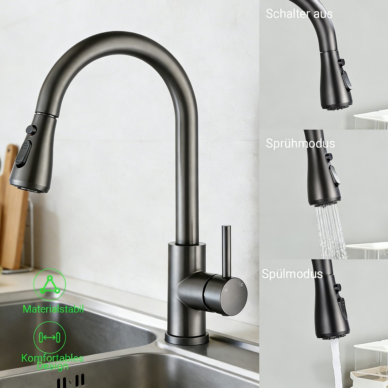 AICA Küchenarmatur Wasserhahn Küche aus Edelstahl, ausziehbar, 360° drehbar, robust Hochdruck, 3 Strahlarten, Einhand, hoher Bogenauslauf, …