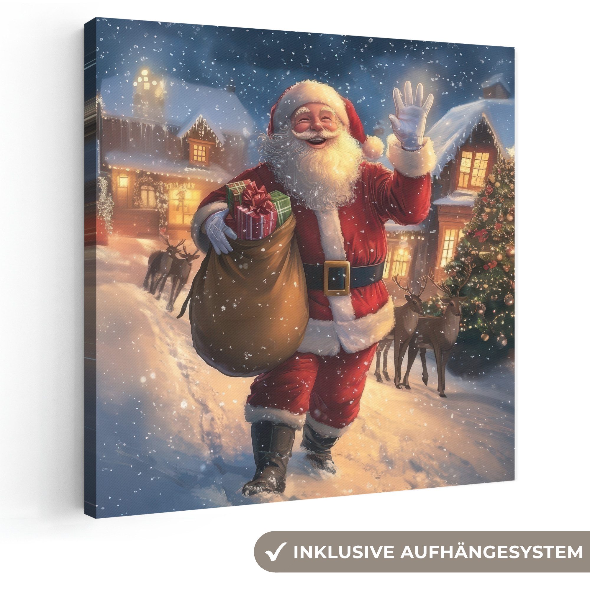 OneMillionCanvasses® Leinwandbild Weihnachtsmann - Dorf - Hirsche - Dunkelheit, Fotodruck (1 St), Wandbild, Deko Schlafzimmer Wohnzimmer Flur 20x20 cm