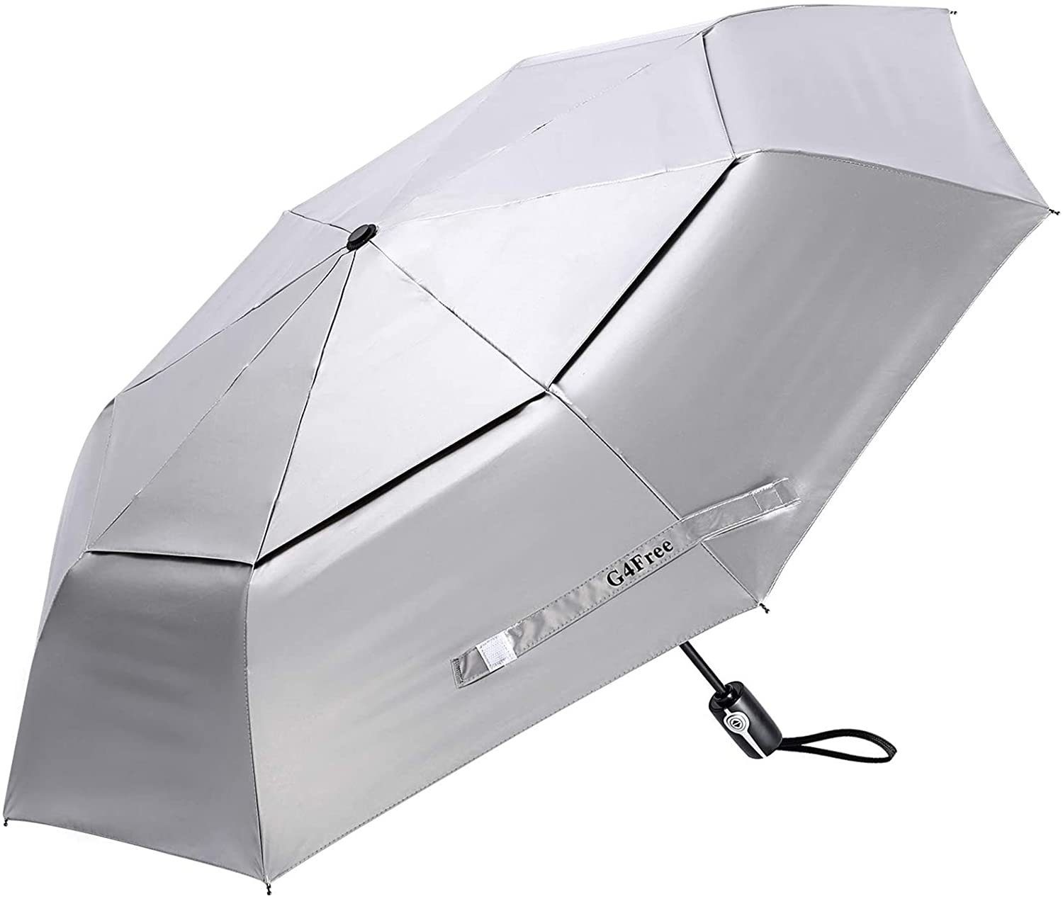 G4Free Taschenregenschirm, Silber-Schwarz 50+ Regenschirm Auf-Zu-Automatik mit UPF