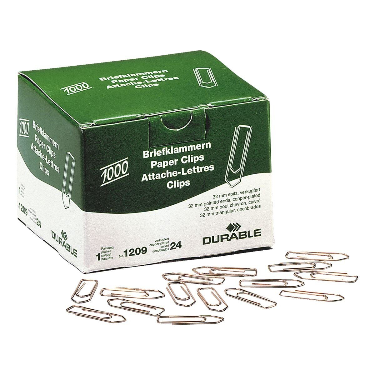 DURABLE Büroklammer 1209-24, verkupfert, spitz, 1000 Stück