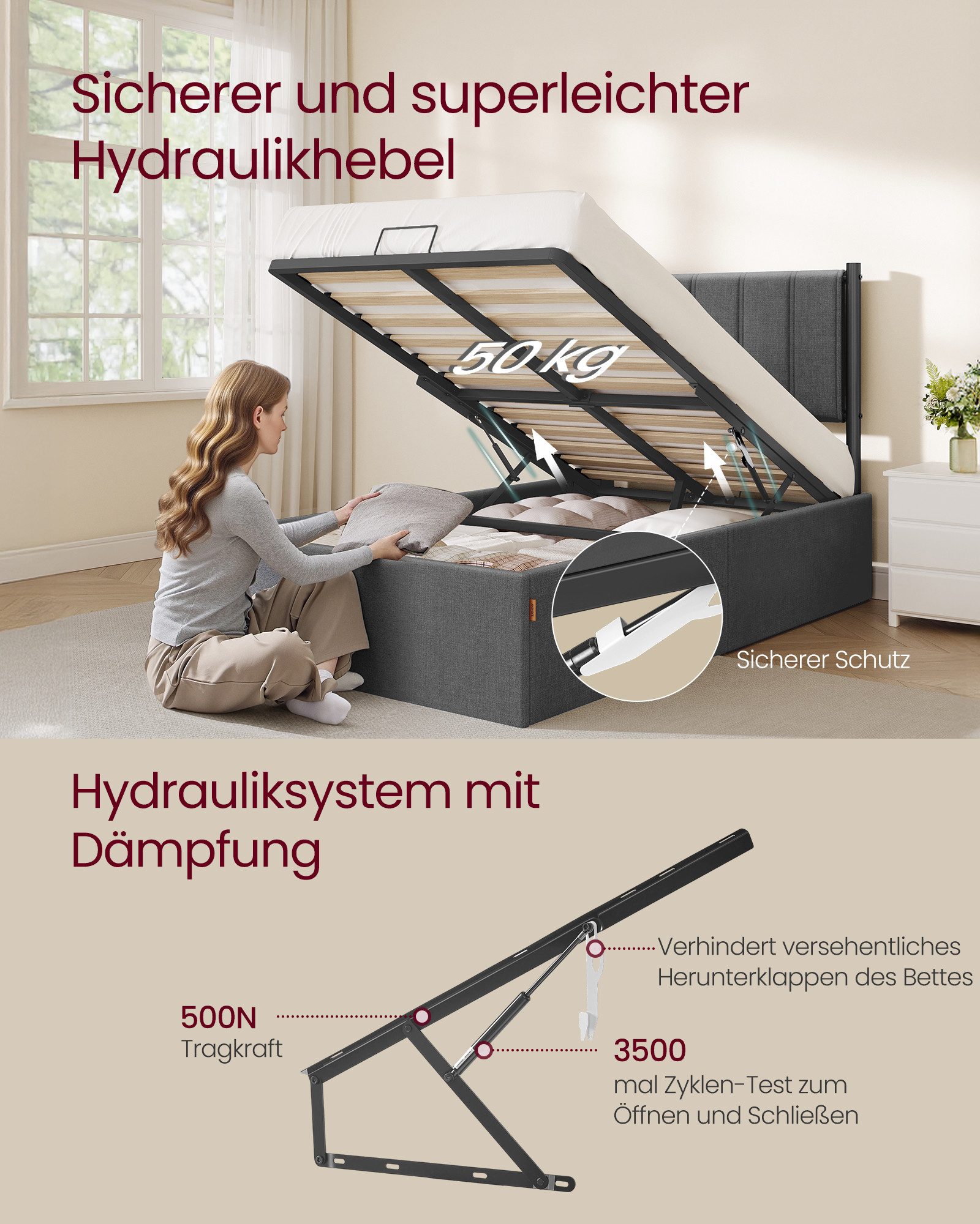 VASAGLE Polsterbett Bettgestell, Bettrahmen, Bett, modern, einfache Montage, Kopfteil, klappbar Lattenrost, Hydrauliksystem, 90 x 200 cm