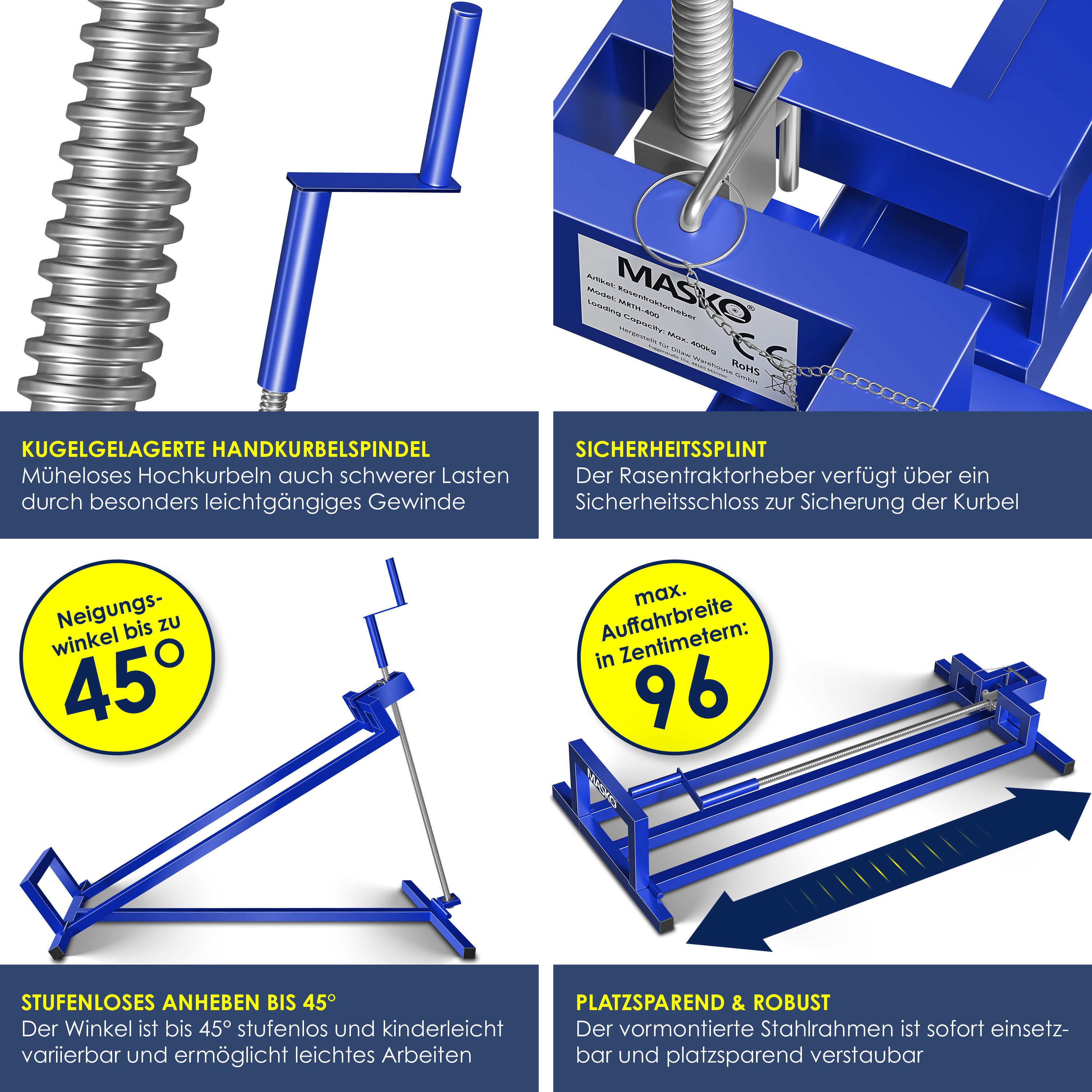 MASKO Rasentraktor Heber 450kg Hebevorrichtung für Aufsitzmäher inkl. Bürste, Rasentraktorheber, universelle Reinigungshilfe, Hebebühne für Quad