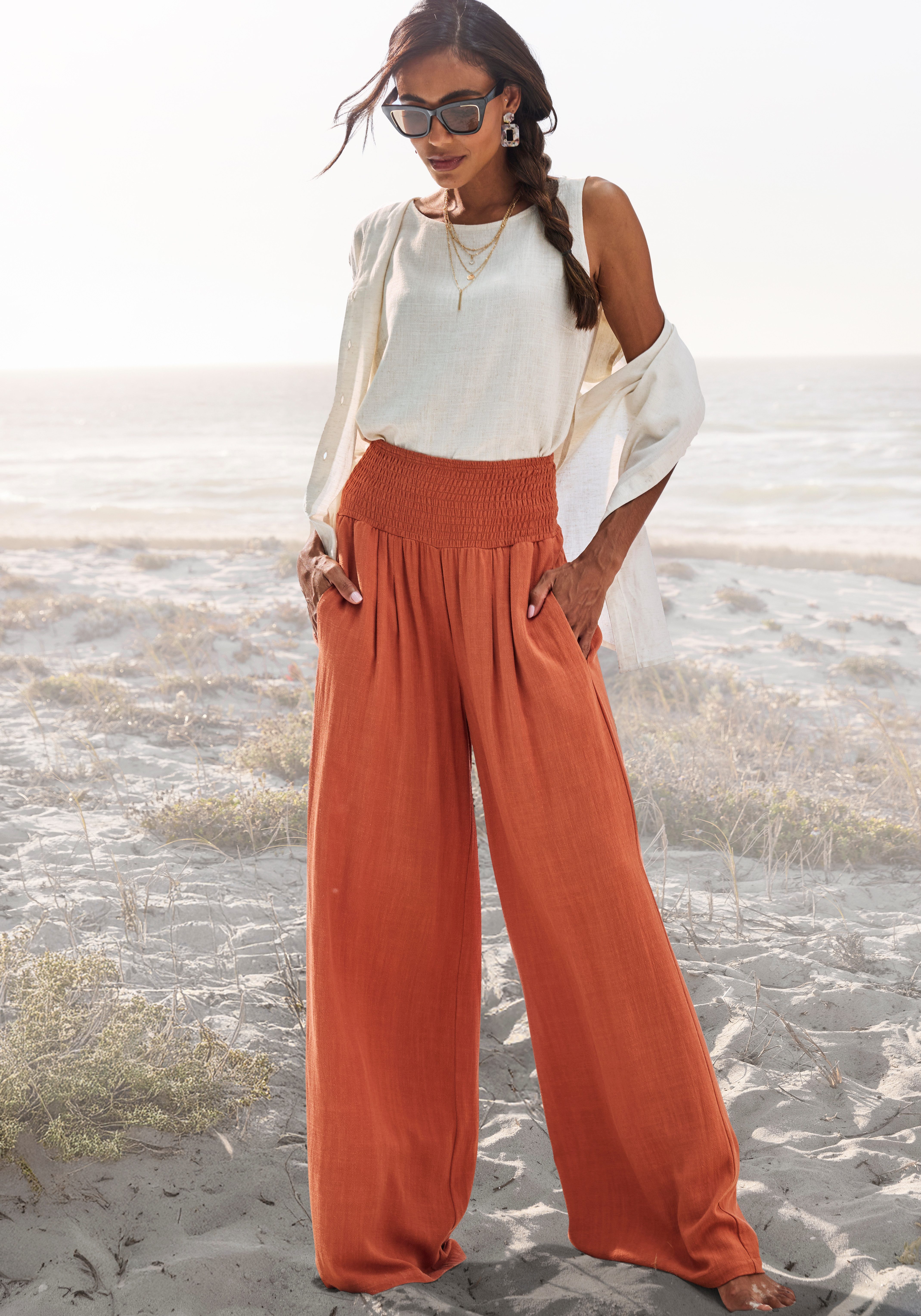 French Connection Leinenhose mit gerafftem Bund, weite Palazzohose für den Sommer