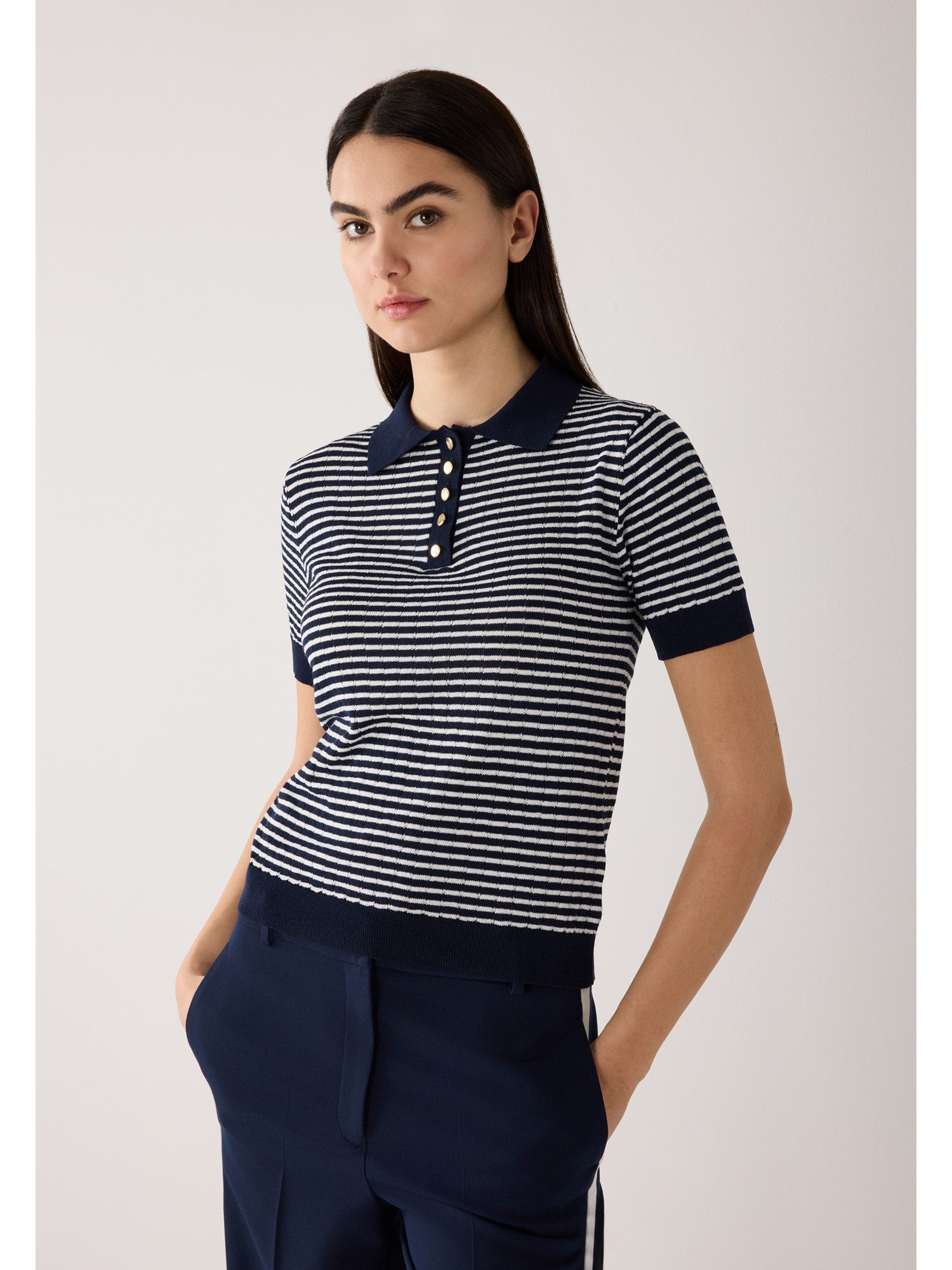 MORE&MORE Strickpullover schmaler Ringel-Kurzarmpullover