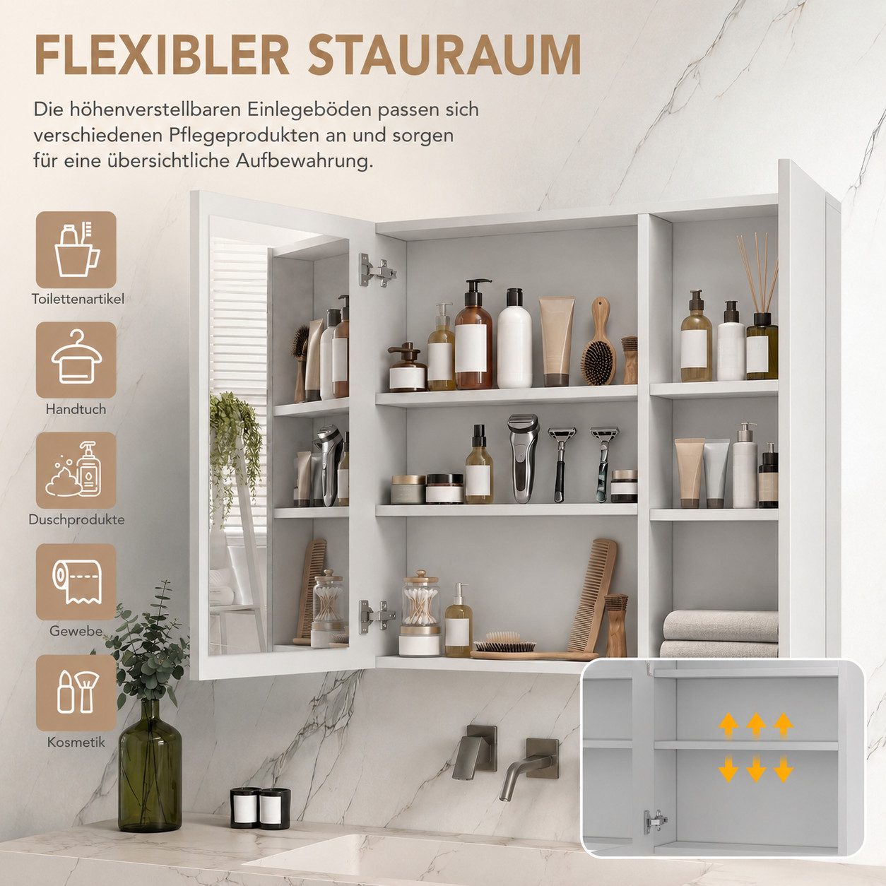 Simurq Badezimmerspiegelschrank Spiegelschrank Bad 70cm Mit LED Beleuchtung, Doppelseitiger Spiegel (Set, 3 Farbtemperatur Dimmbare, Badezimmerschrank Wandschra – Bild 5 von 5