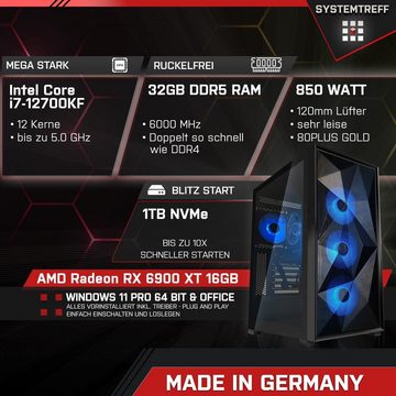 SYSTEMTREFF Gaming-PC (Intel Core i7 12700KF, Radeon RX 6900 XT, 32 GB RAM, 1000 GB SSD, Wasserkühlung, Windows 11, WLAN)