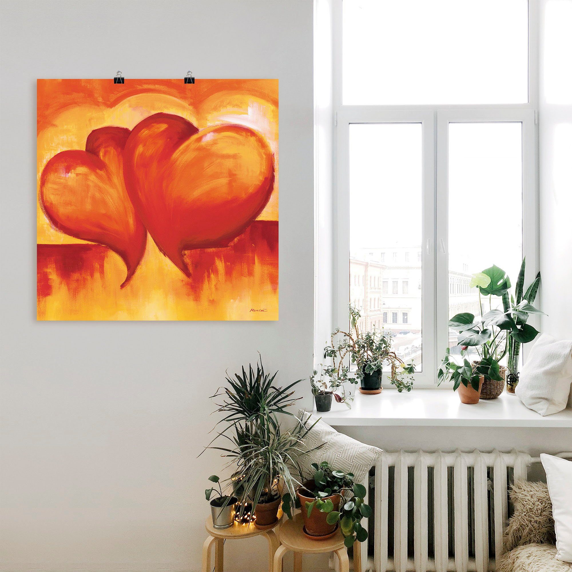 Herzen Wandaufkleber - (1 Wandbild Poster St), Orange, in versch. Artland als Abstrakte Leinwandbild, oder Größen Alubild, Herzen