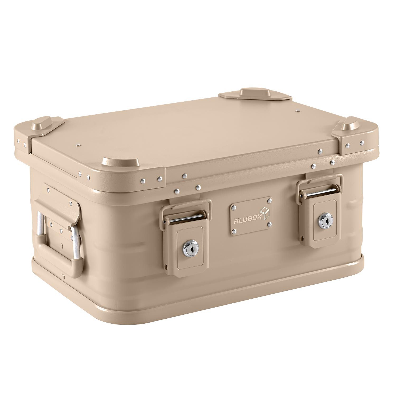 ALUBOX Aufbewahrungsbox mit Deckel und Druckguss Stapelecken Premium Sand Beige (18 Liter), mit Gummidichtung