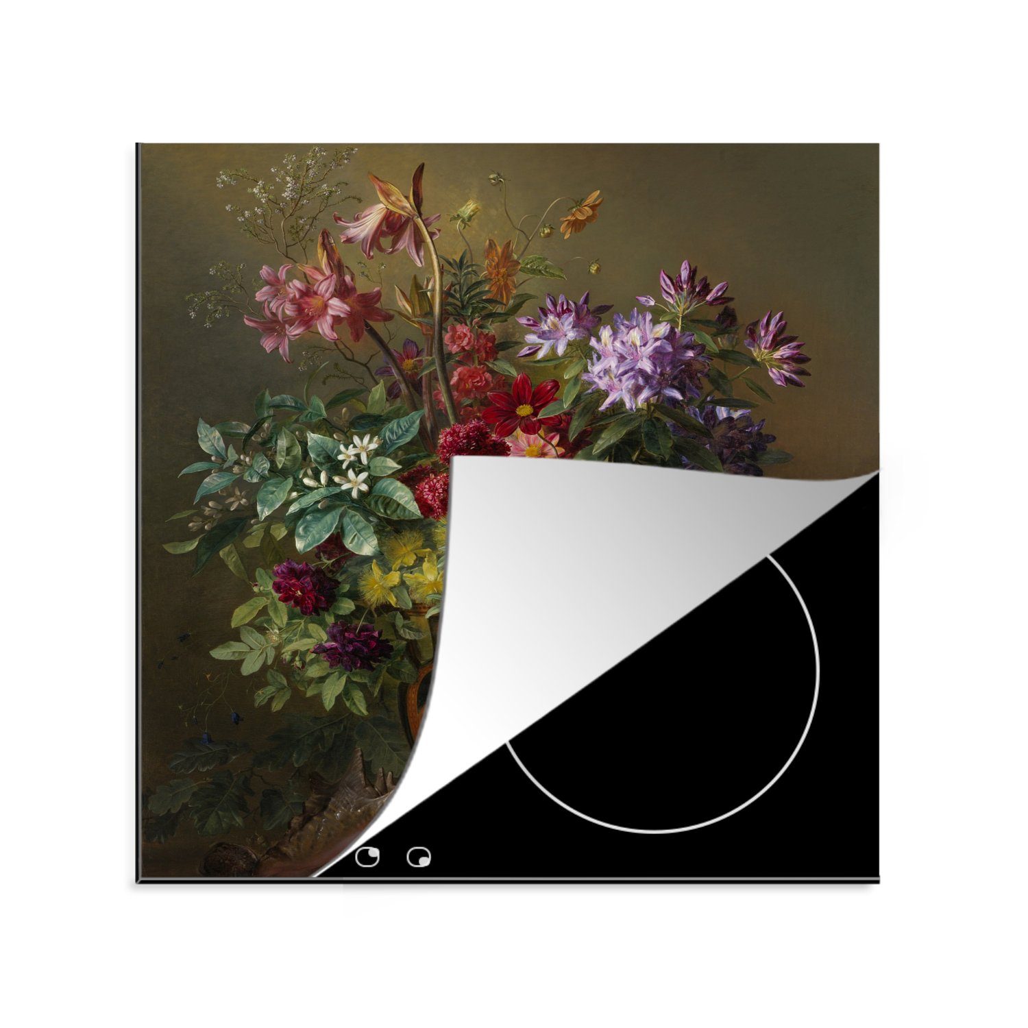 cm, Arbeitsplatte in tlg), küche für Vinyl, (1 des, Herdblende-/Abdeckplatte Blumen mit Vase: Ceranfeldabdeckung, griechischen Allegorie einer MuchoWow 78x78 Stilleben