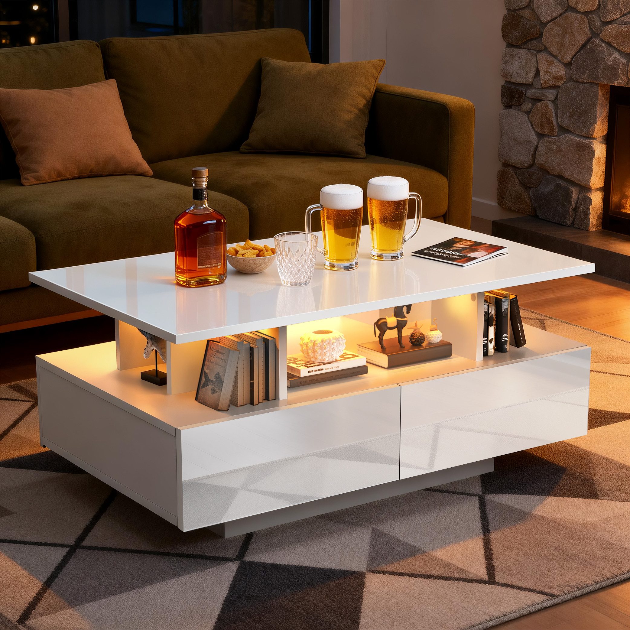 oyajia Couchtisch Wohnzimmertisch Hochglanz mit LED Beleuchtung & Fernsteuerung (Bluetooth-Fernbedienung.App-Steuerung, offenen Fächern,stabil, pflegeleicht, Hochglanz-Design), 90 x 55 x 40cm Beistelltisch,mit 4 Schubladen,Farbwechsel-LEDs