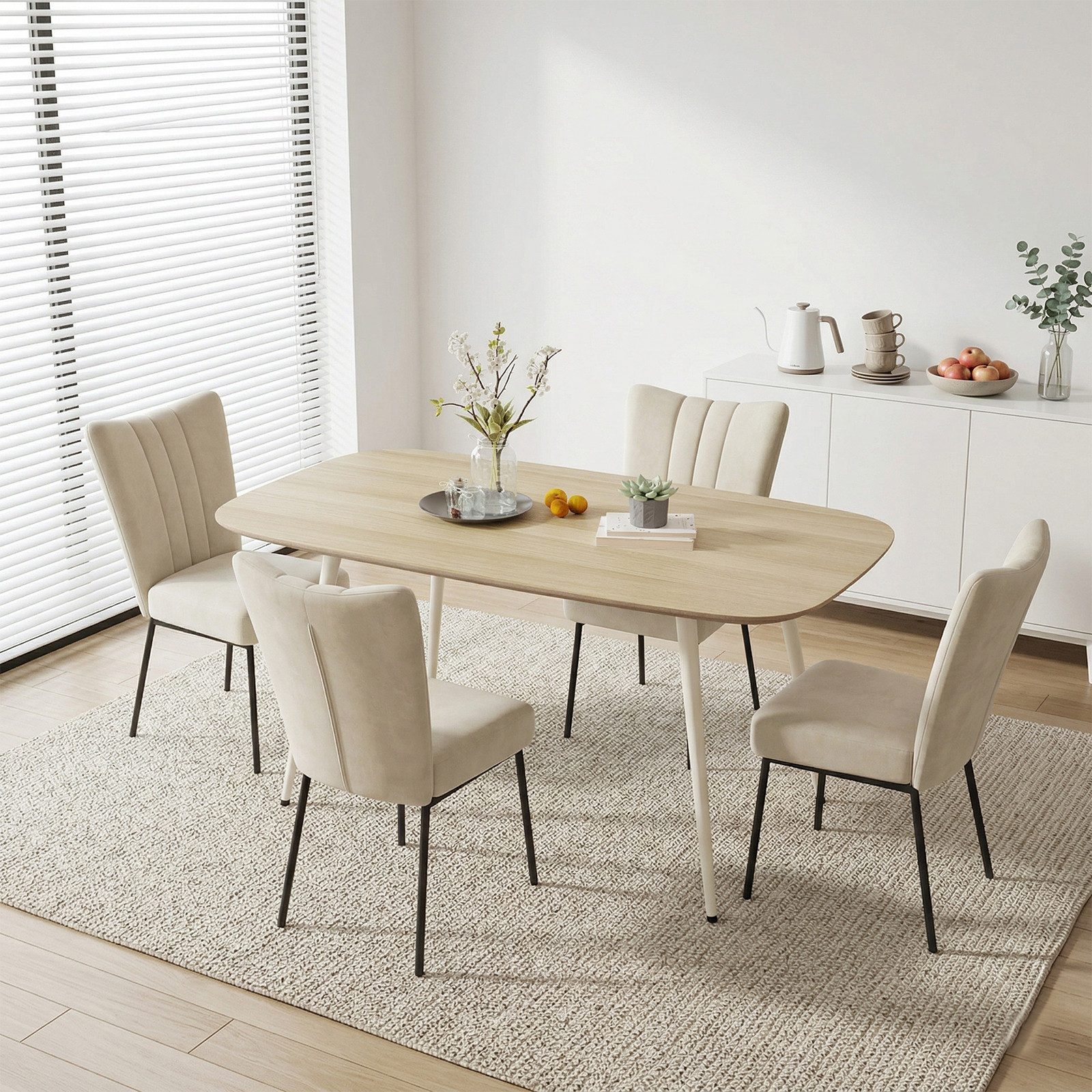 Jiexi Essgruppe Esstisch Set 5-teilig 120x69 MDF Eichenoptik Kombi mit Samt Stühlen