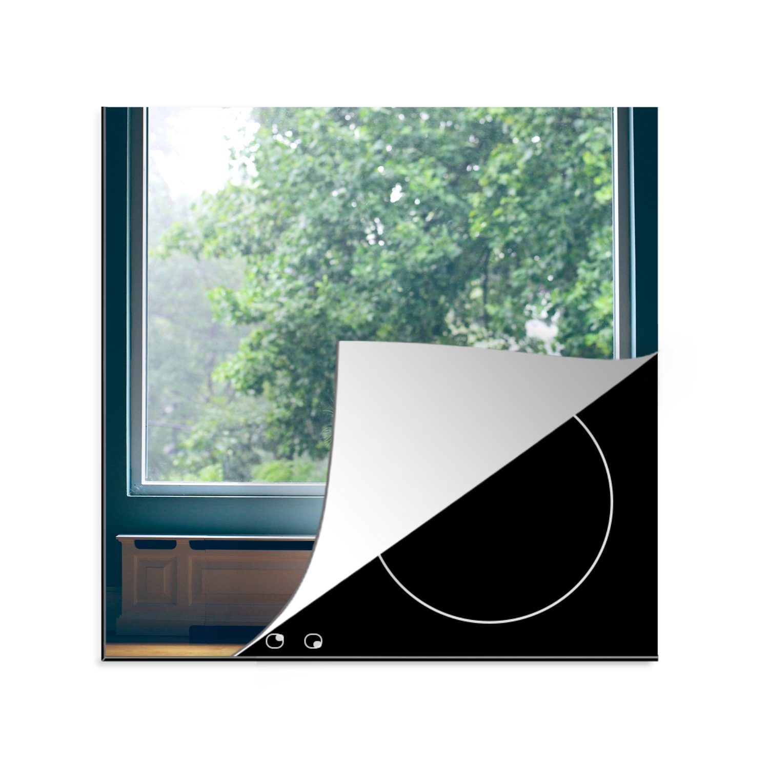 MuchoWow Herdblende-/Abdeckplatte 78x78 - (1 Pflanzen, küche Fenster Katze - Ceranfeldabdeckung, für Vinyl, cm, tlg), Arbeitsplatte
