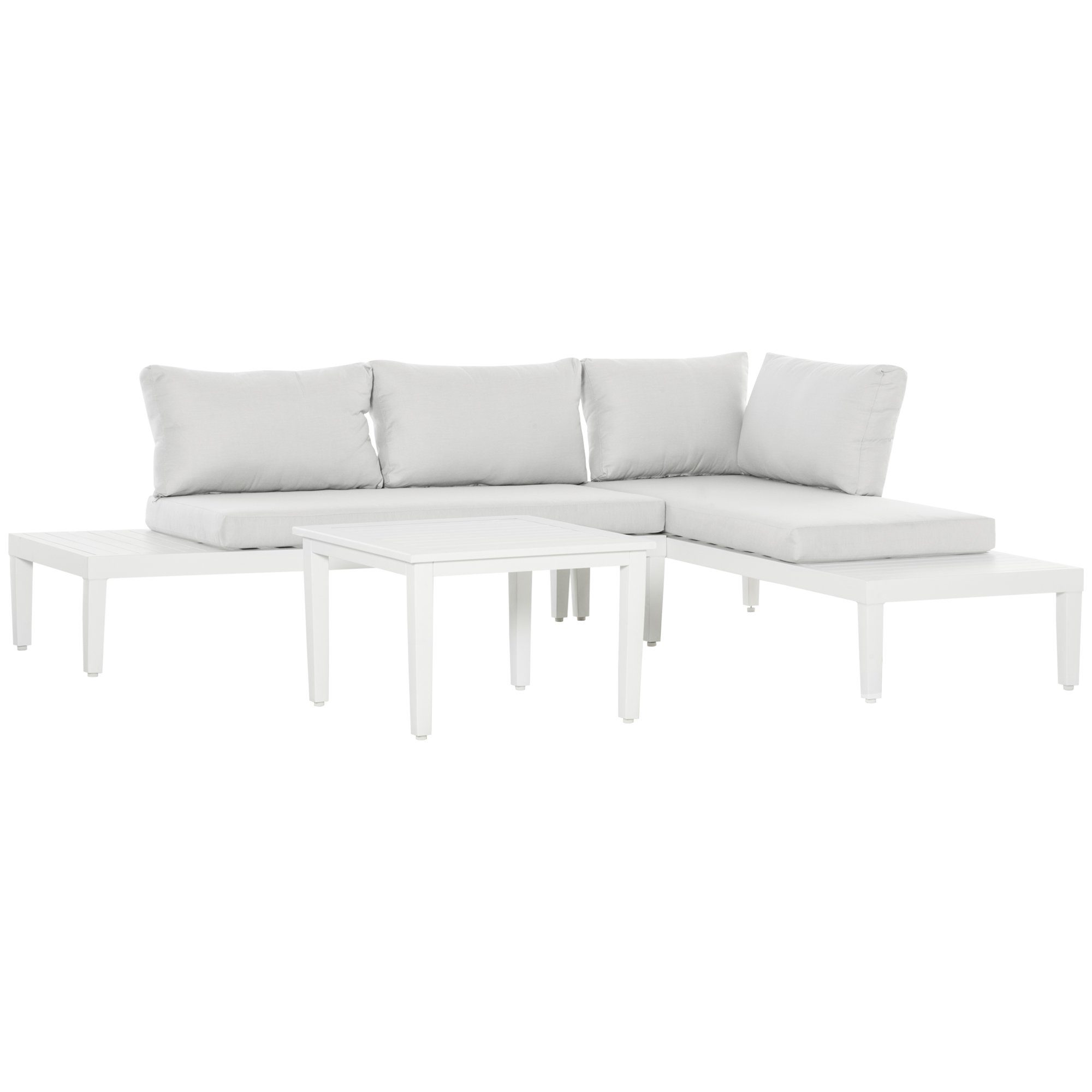 Outsunny Sitzgruppe 3-teiliges Gartenmöbel-Set mit Beistelltisch mit Kissen, (Gartenmöbel, 3-tlg., Balkonmöbel), L-Form Outdoor Aluminium Cremeweiß 173L x 77B x 71H cm