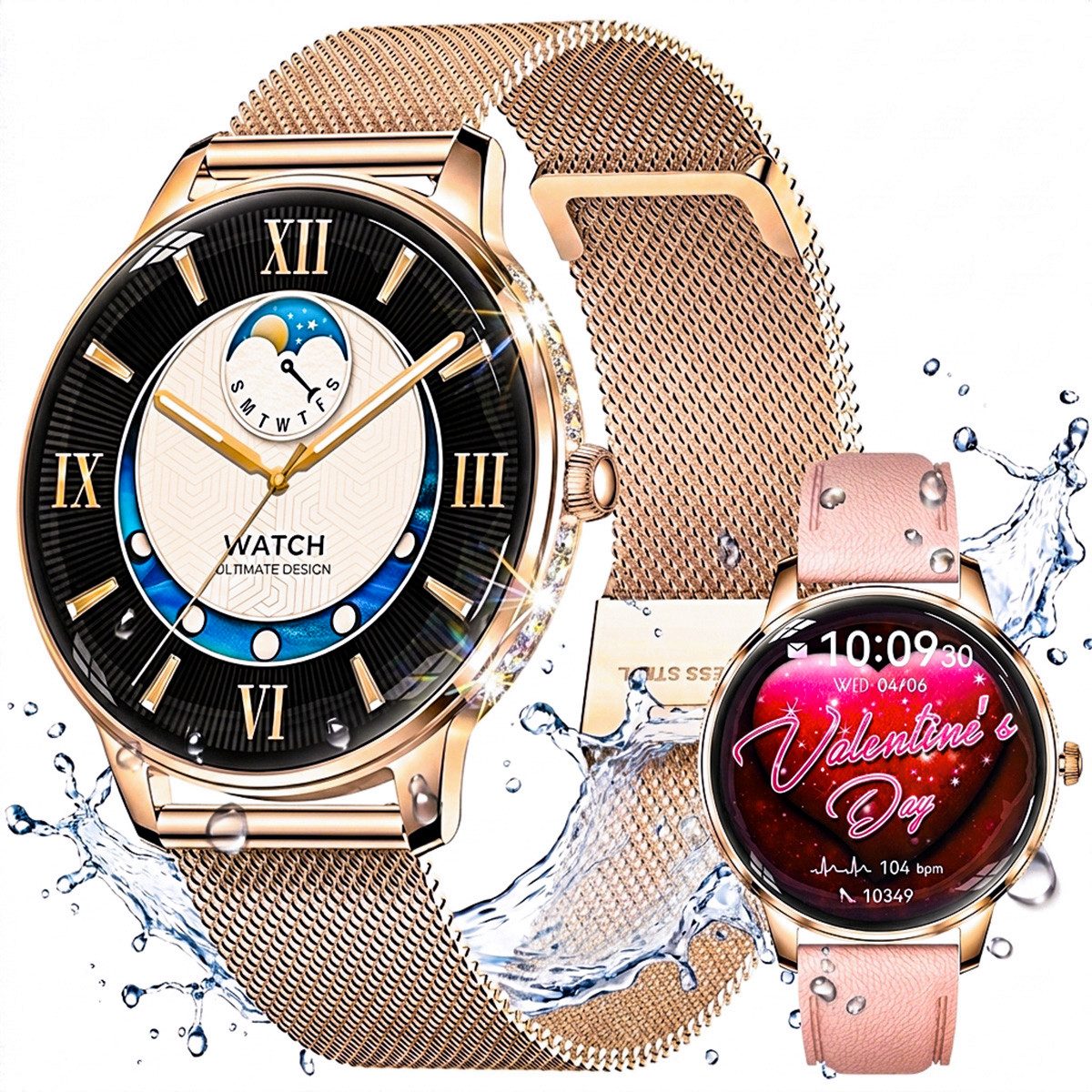 Vashoy Smartwatch Damen,1.19" mit Bluetooth Anrufe,Sprachassistent Smartwatch (38mm cm/1.19 Zoll, Android4.4/IOS1.0) Spar-Set, 4-tlg., Anrufe, Schrittzähler, Puls, Blutdruck, Stress-, Schlafüberwachung, IP68 Wasserdicht – Fitnessuhr Kompatibel mit iOS Android