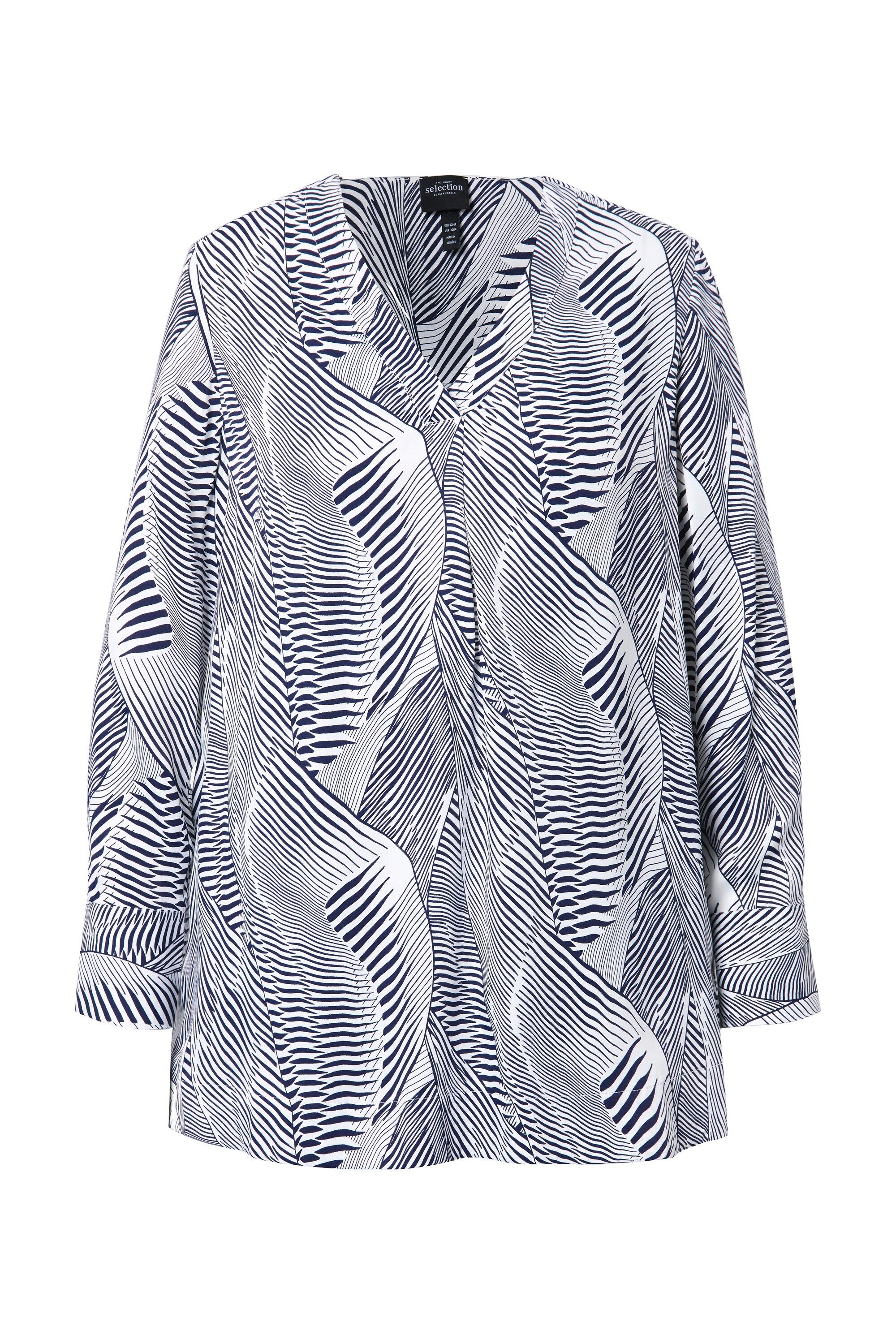 Ulla Popken Druckbluse Tunika Satin V-Ausschnitt Zierfalte Langarm günstig online kaufen