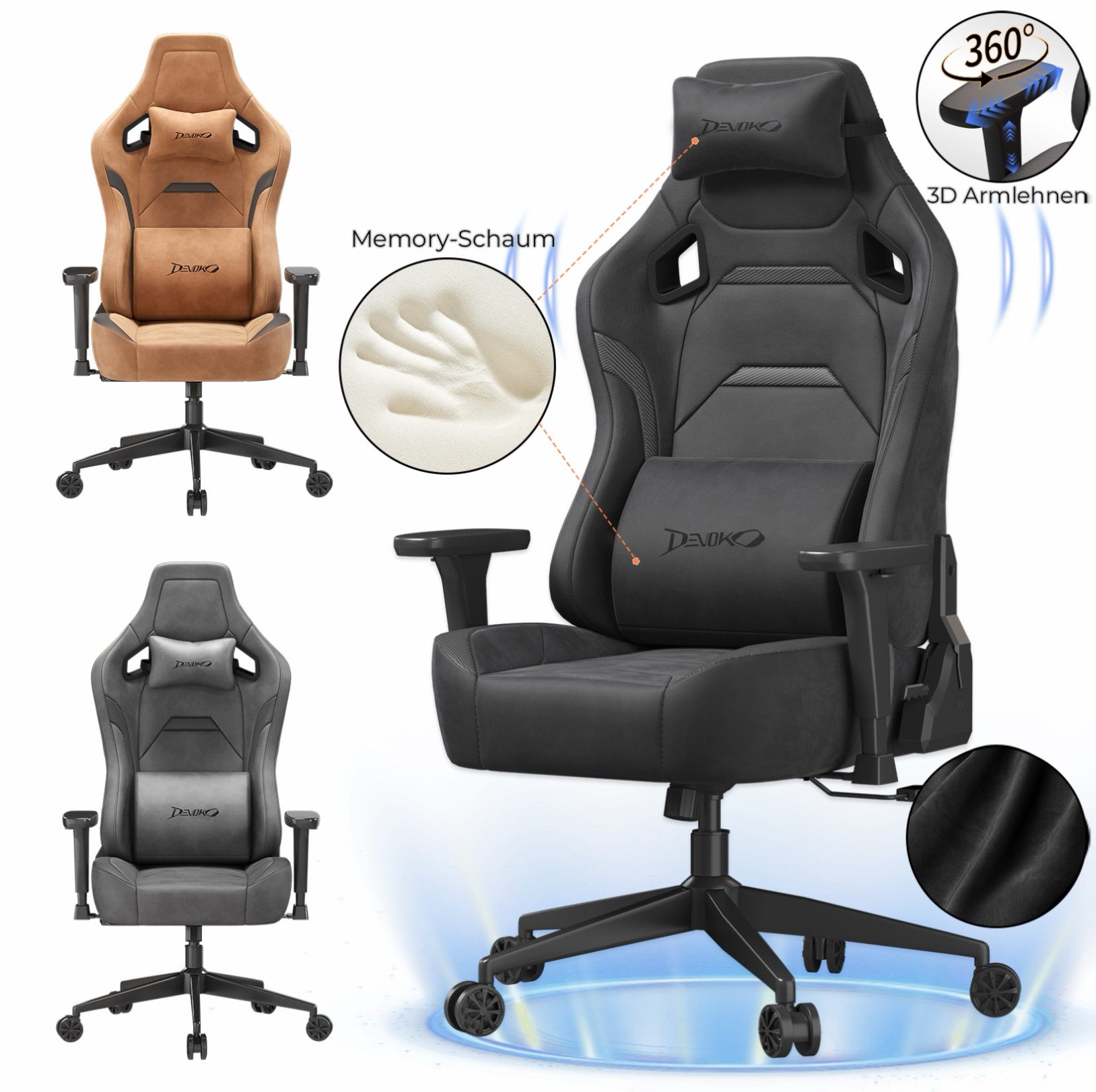 Devoko Gaming-Stuhl Luxuriöser Wildlederimitat,Ergonomisch & Großzügigem Sitz,Bürostuhl, Verstellbare Rückenlehne 90°–135°,3D-verstellbare Armlehnen