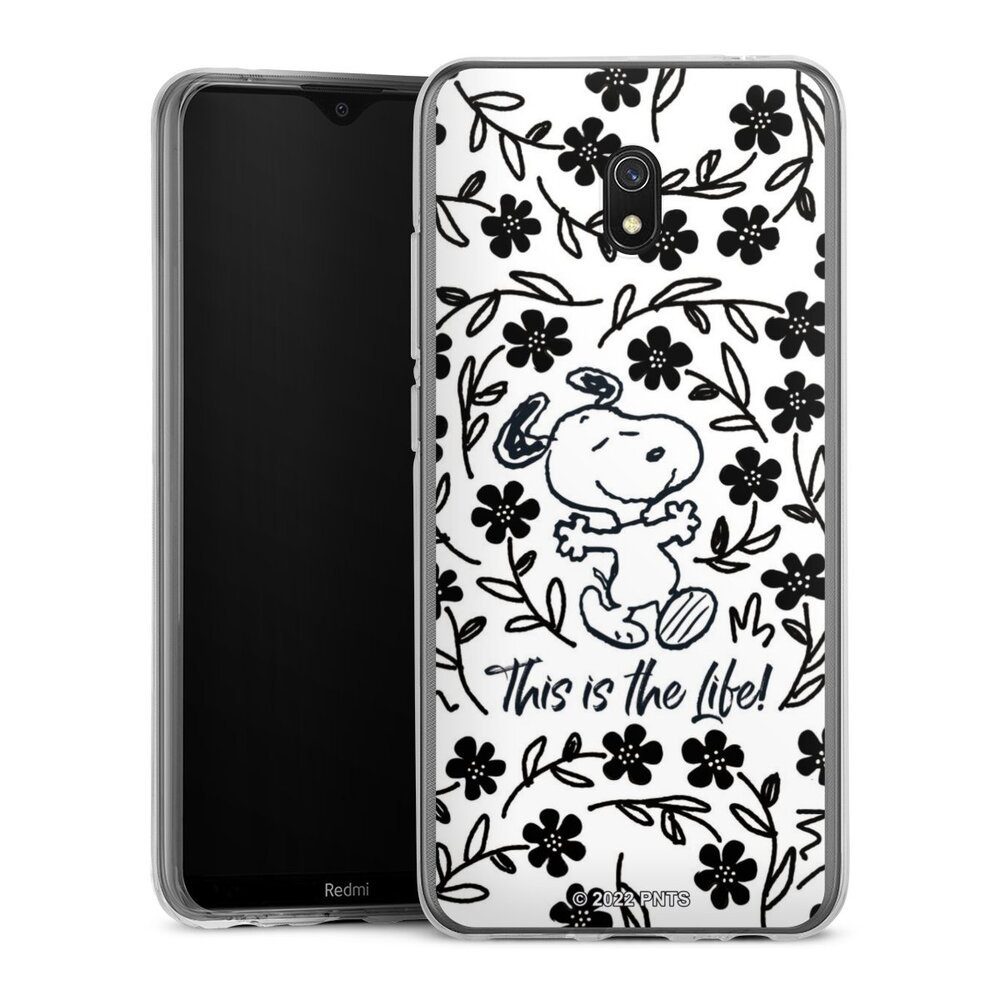 DeinDesign Handyhülle Peanuts Blumen Snoopy Snoopy Black and White This Is The Life, Xiaomi Redmi 8A Silikon Hülle Bumper Case Handy Schutzhülle