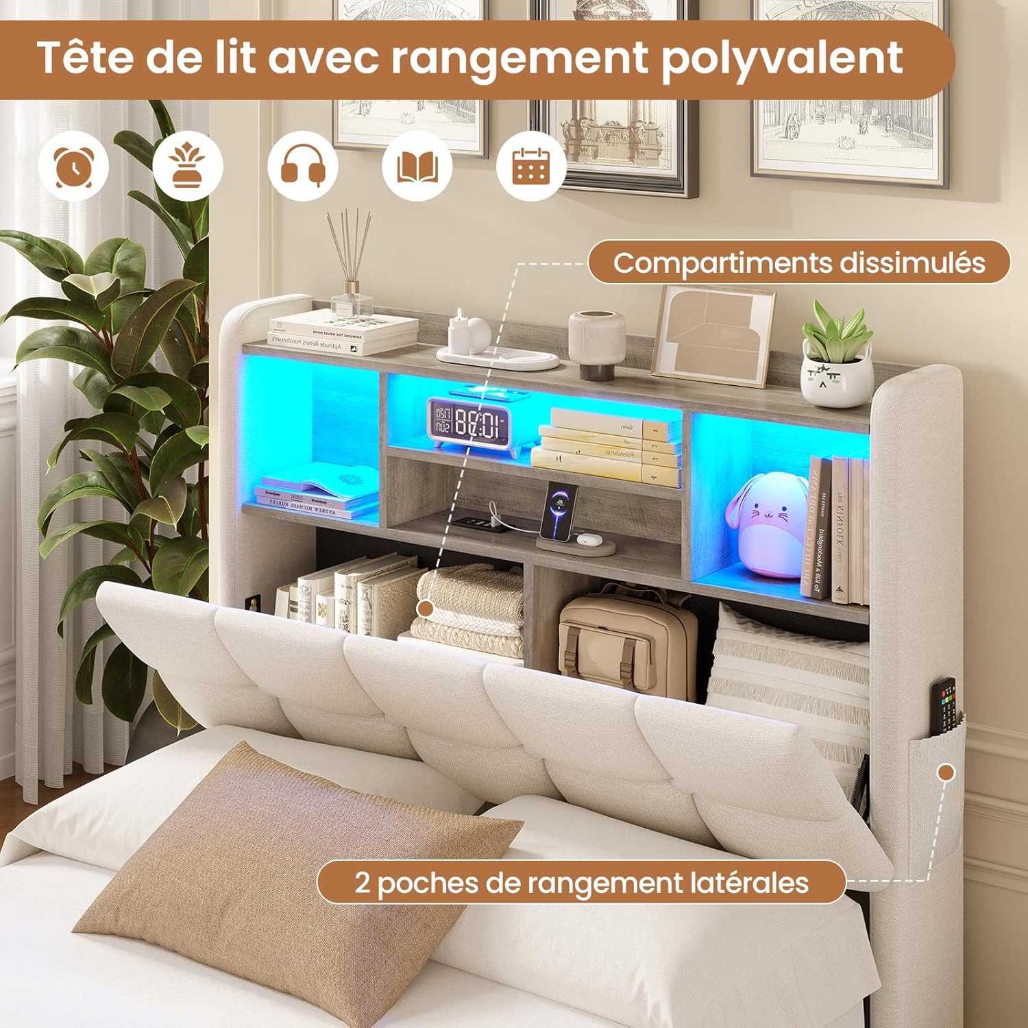 MSMASK Polsterbett Hydraulisches Stauraumbett mit LED-Bleuchtung, 90X200 cm (1-tlg., Ohne Matratze), Jugendbett mit USB- und Type-C-Anschlüsse, Leinenstoff – Bild 5 von 5