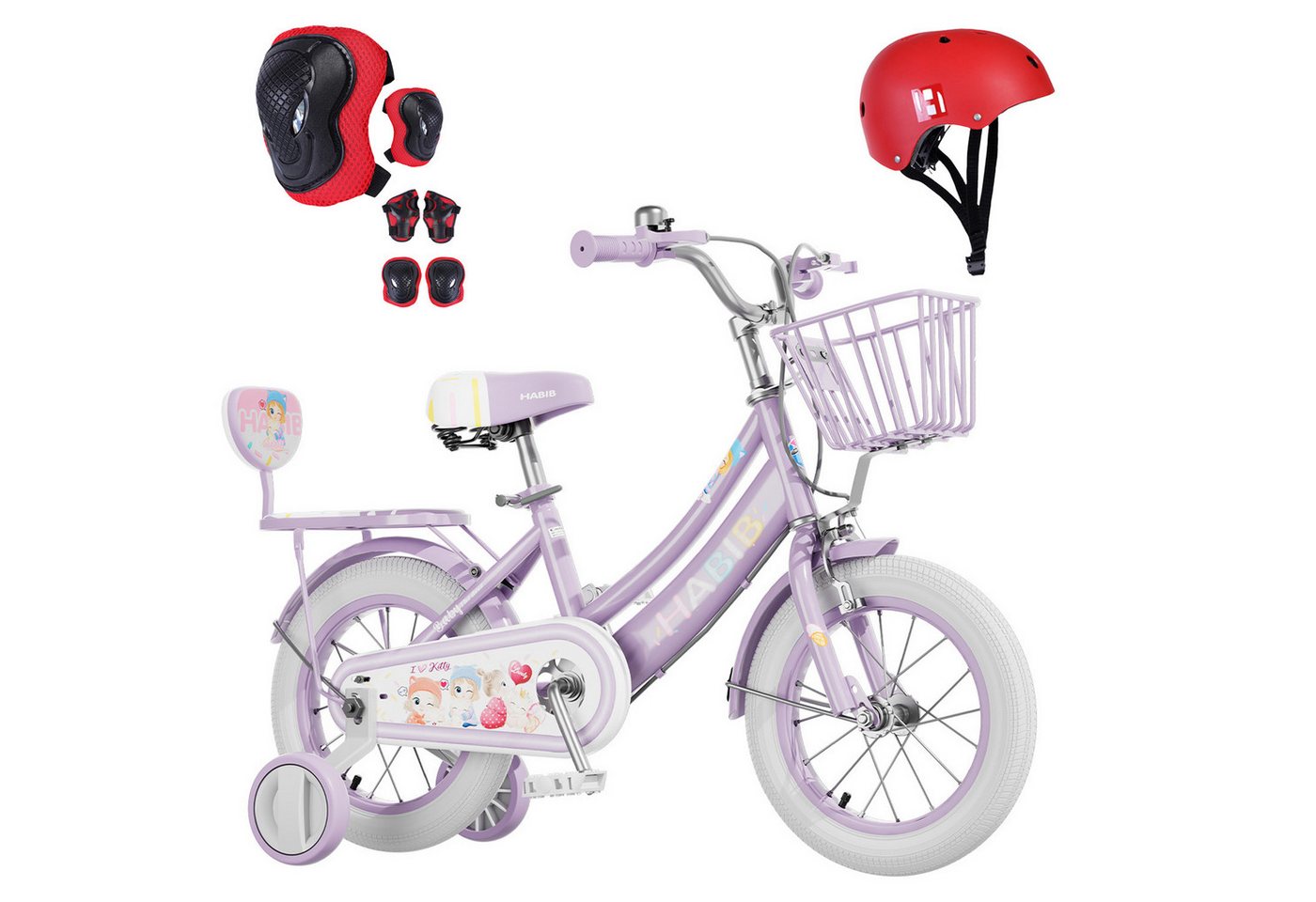 Habib Gruppe Kinderfahrrad Mädchenfahrrad mit Puppensitz 12 14 16 Zoll – Helm, Schutzset & Pumpe, Kinderfahrrad Mädchen ab 3 Jahre mit Puppensitz und Helm