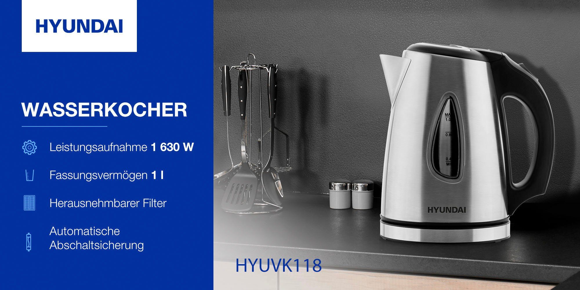 Hyundai Wasserkocher VK118, 1,0 l, Überhitzungsschutz, Drehbarer Abschaltautomatik, 1630 Sockel W