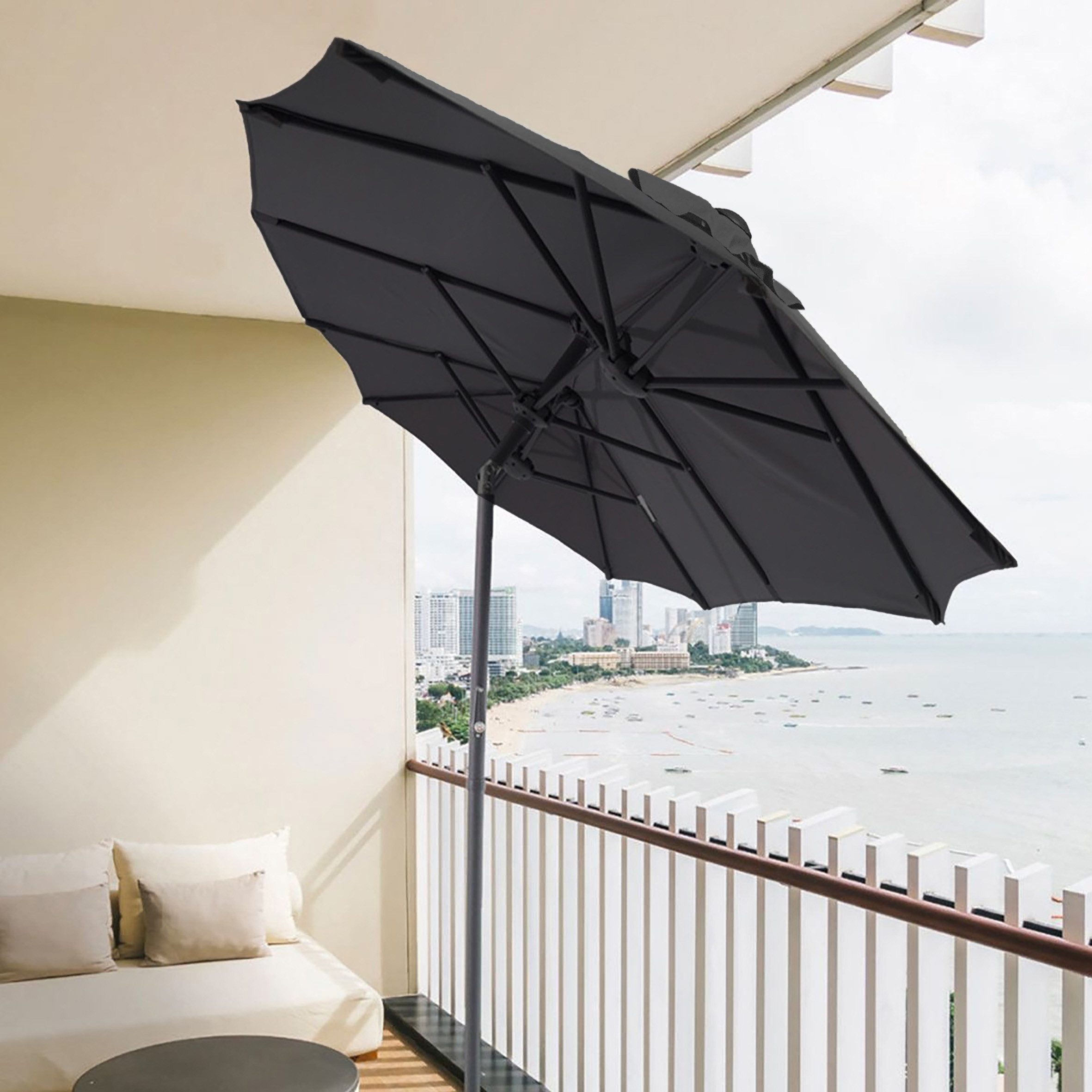 Spetebo Sonnenschirm Doppel Sonnenschirm 300 x 150 cm - anthrazit, LxB: 300.00x150.00 cm, Packung, mit Handkurbel, Drei Kuppel Sonnenschutz Gartenschirm – Bild 4 von 5