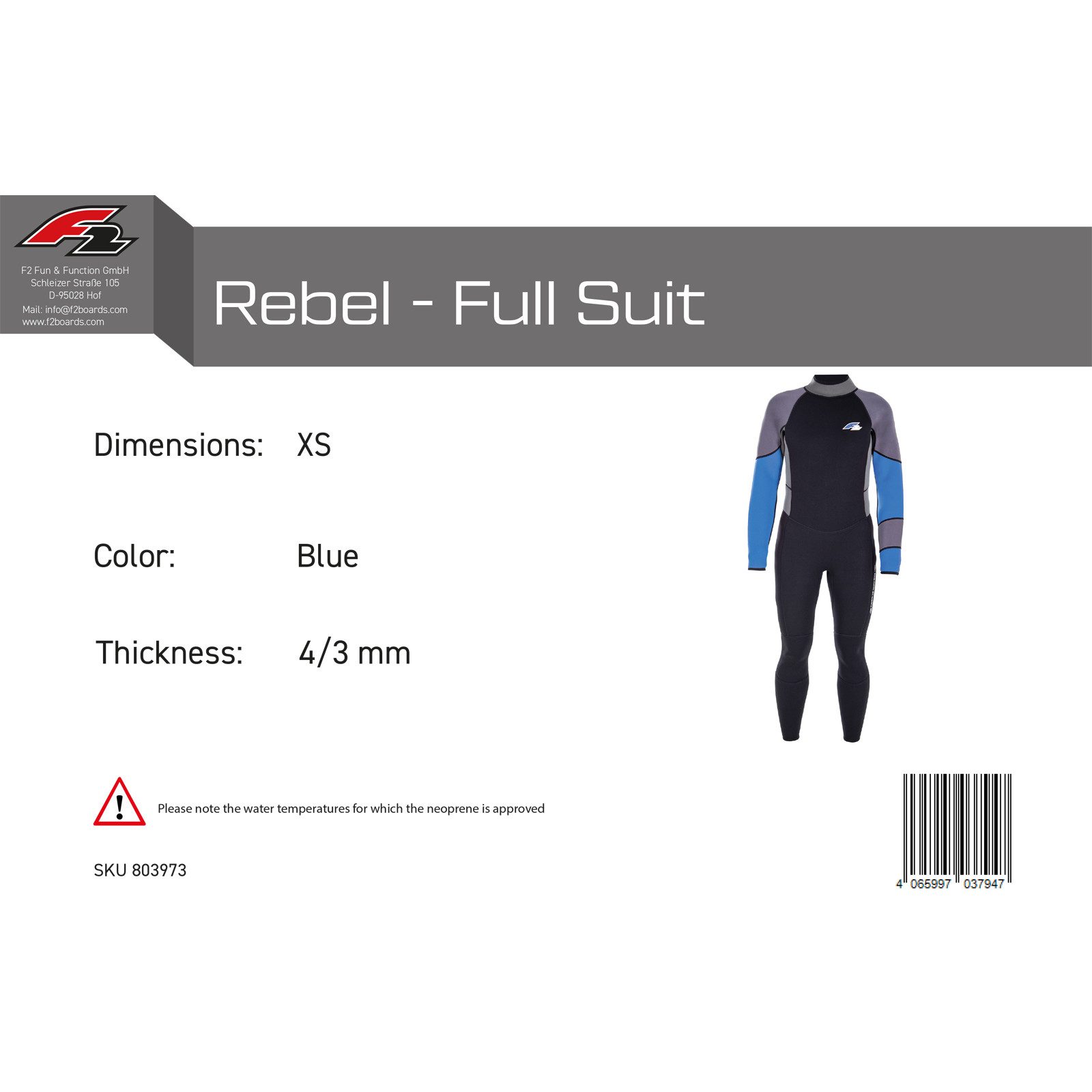F2 Neoprenanzug F2 Herren Neopren Anzug Rebel - Full Suit 4/3 mm XS Blau 2024/25