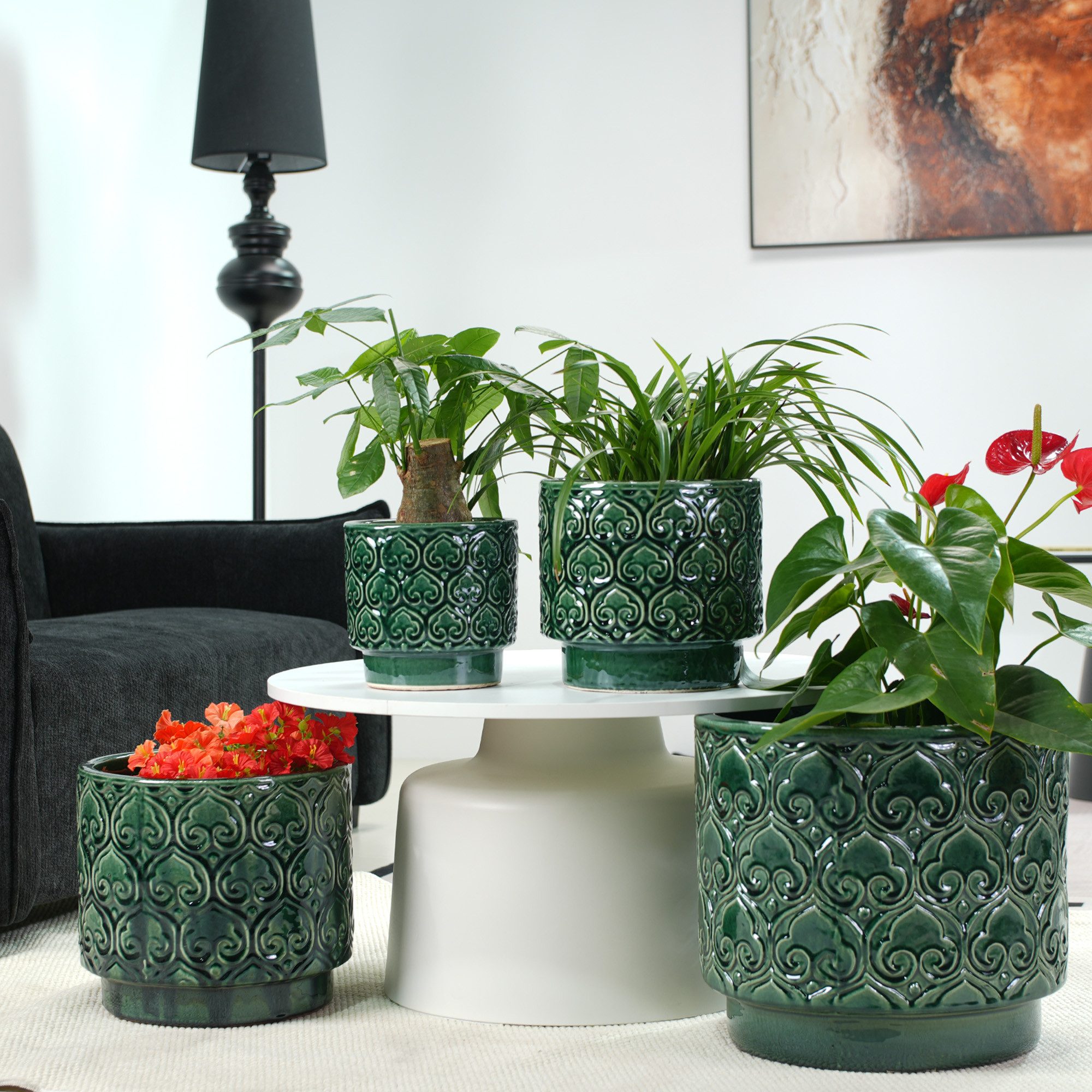 Odikalo Blumentopf Handgefertigter Keramik Pflanztopf-Set mit Ablauflöchern (38/31,5/24/19) glänzendes Blau mit rundem Herz-Schwung-Relief atmungsaktiv frostsicher mit Ablauflöchern für Innen Balkon und Garten)