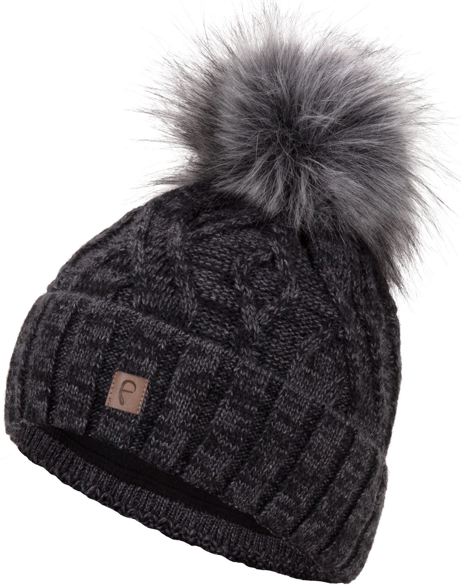 Gefütterte Herren Winter Faera Haube Strickmütze schwarz Wintermütze Beanie Bommelmütze Damen